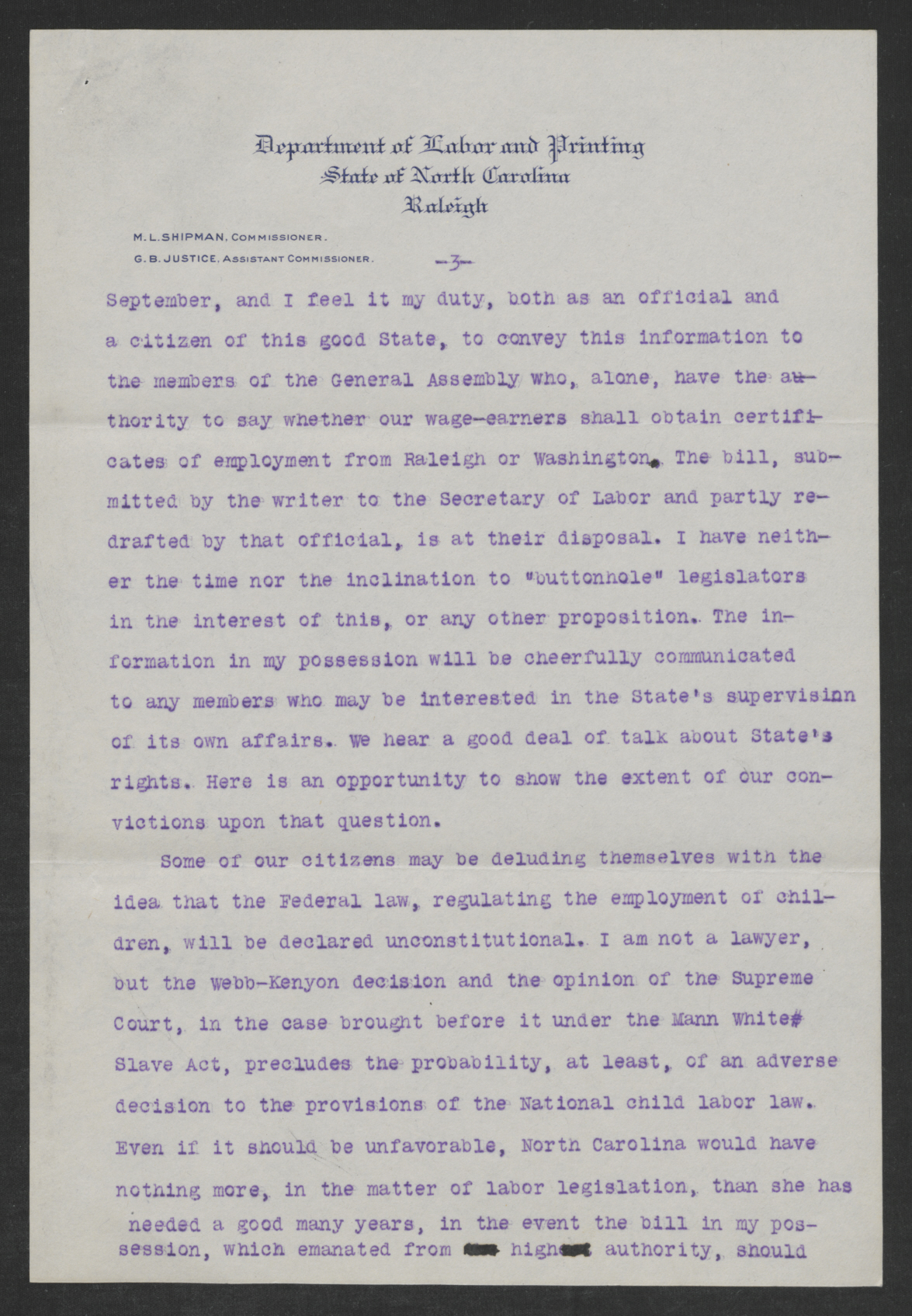 Letter from Mitchell L. Shipman to Thomas W. Bickett, February 19, 1917, page 3