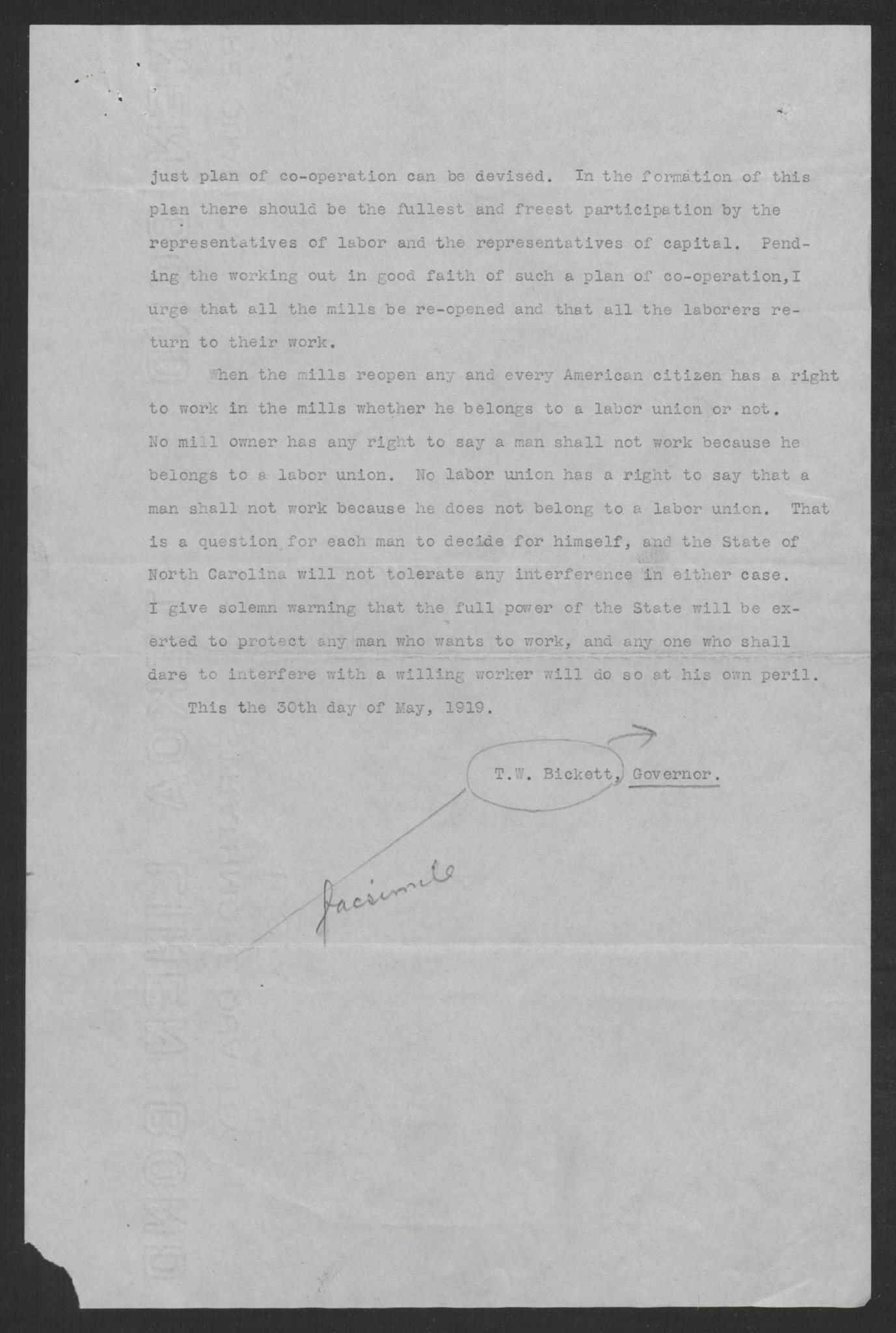An Appeal to the People of Charlotte and Mecklenburg County for Co-operation of Labor and Capital by Gov. Thomas W. Bickett, May 30, 1919, page 3