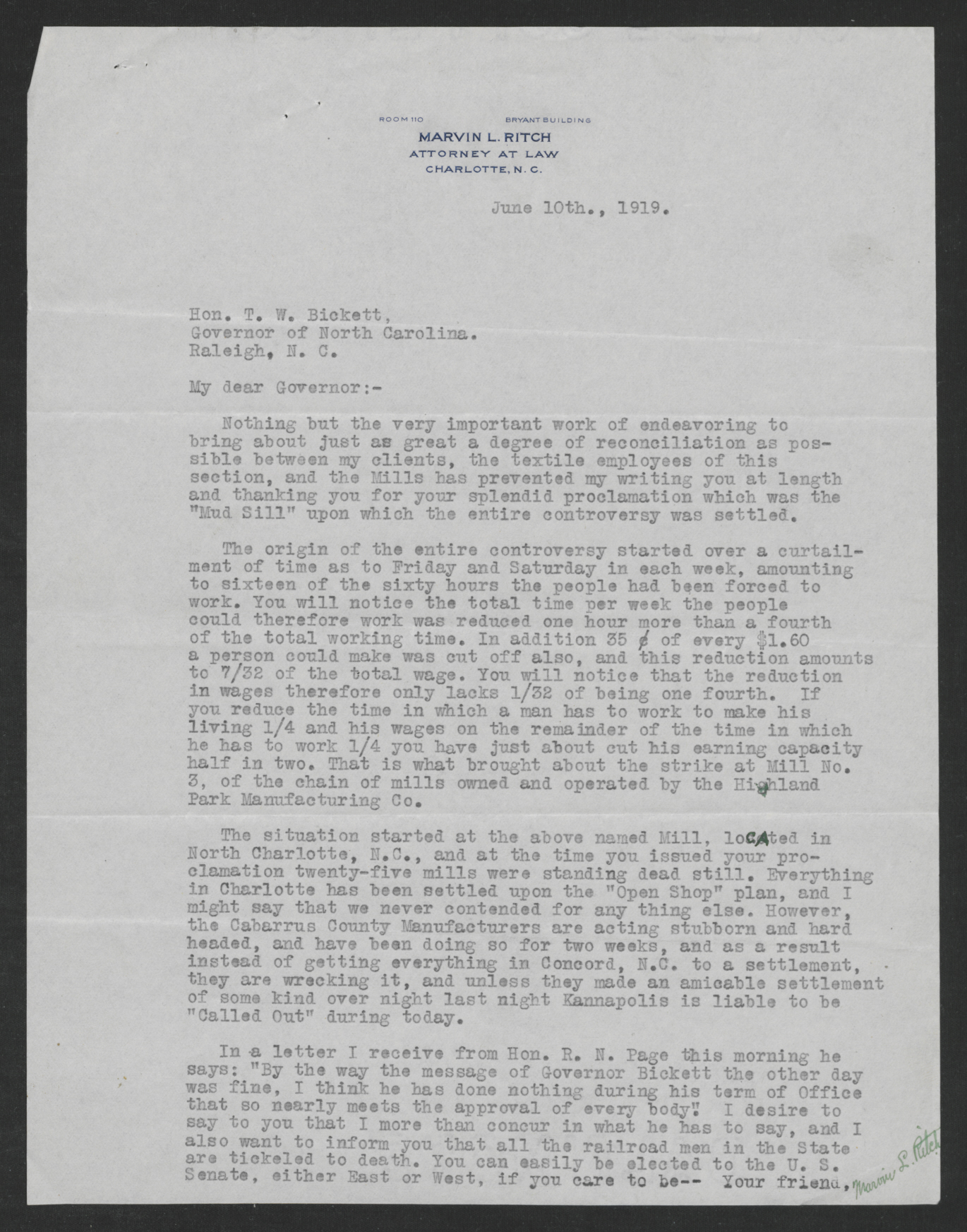 Letter from Marvin L. Ritch to Thomas W. Bickett, June 10, 1919