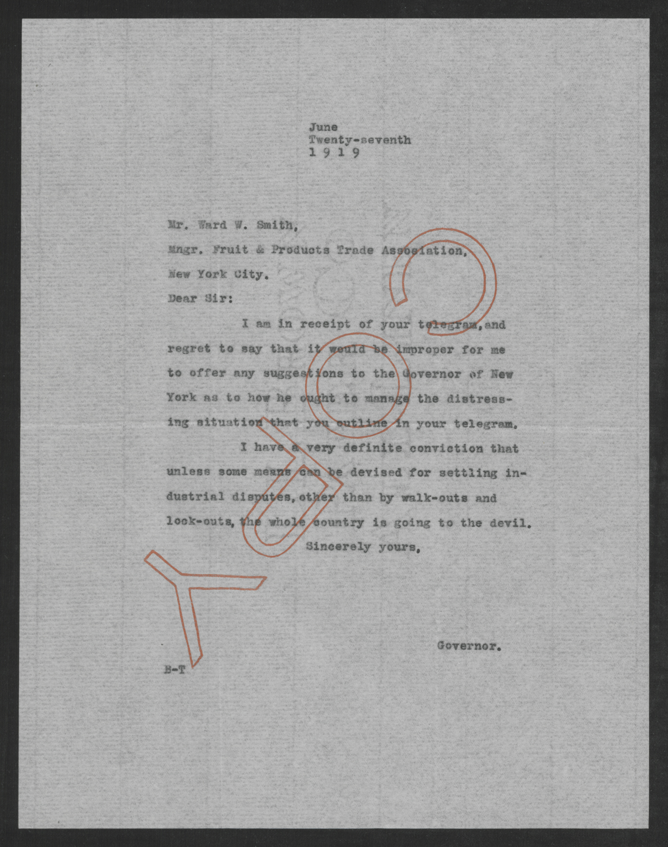 Letter from Thomas W. Bickett to Ward W. Smith, June 27, 1919