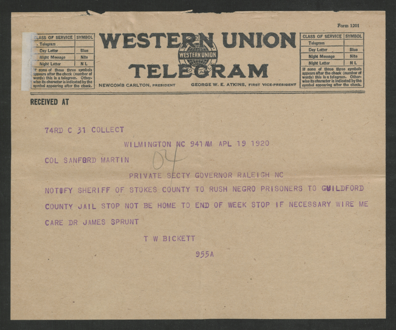 Telegram from Thomas W. Bickett to Santford Martine, April 19, 1920