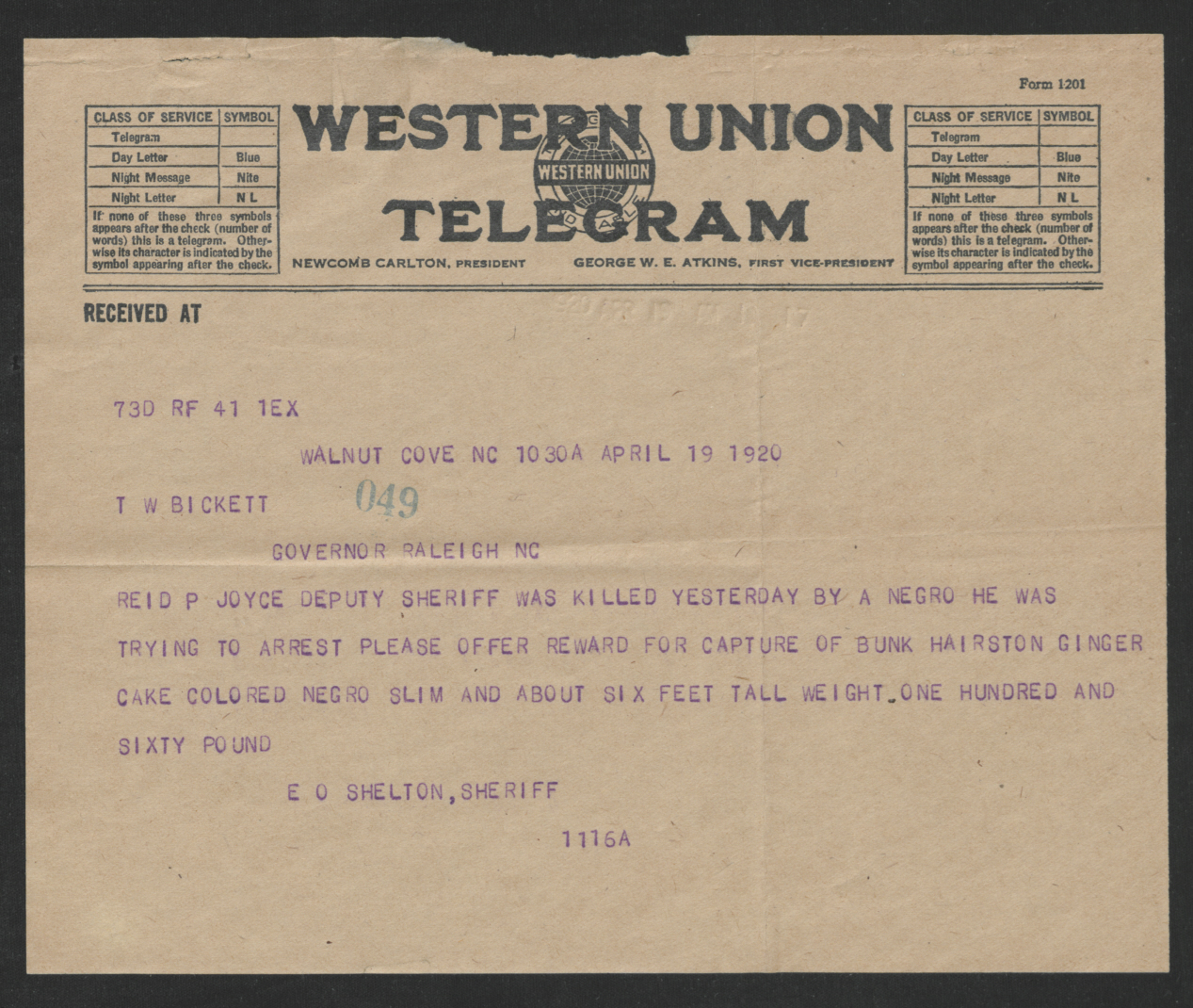 Telegram from Eric O. Shelton to Thomas W. Bickett, April 19, 1920