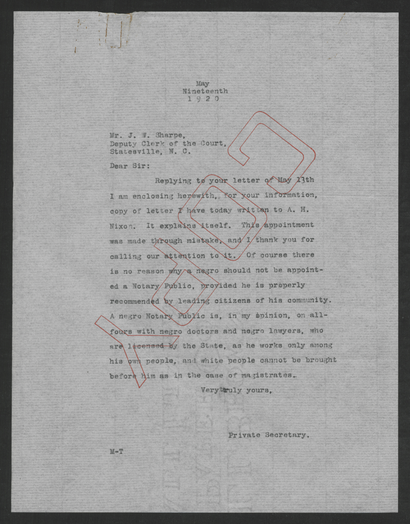 Letter from Santford Martin to James W. Sharpe, May 19, 1920