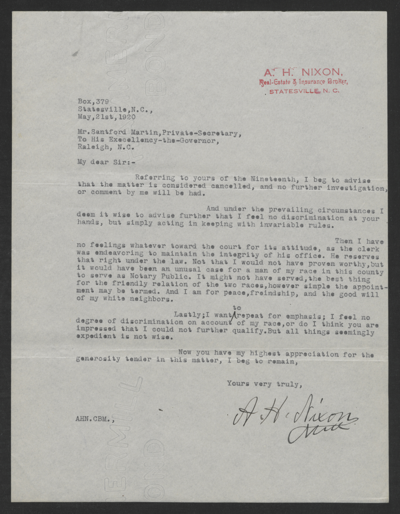 Letter from A. H. Nixon to Santford Martin, May 21, 1920