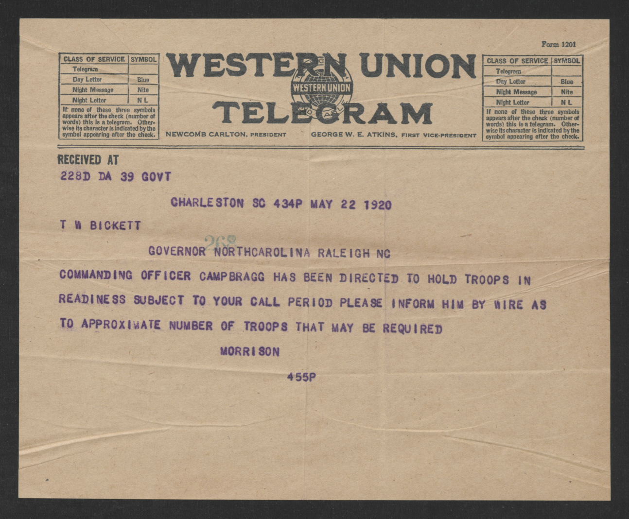 Telegram from John F. Morrison to Thomas W. Bickett, May 22, 1920