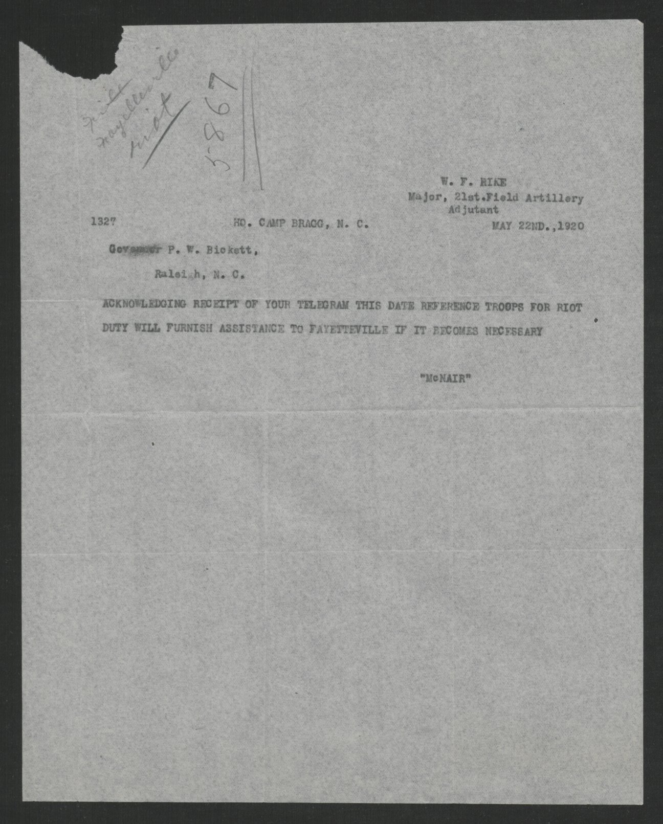 Telegram from W. S. McNair to Thomas W. Bickett, May 22, 1920