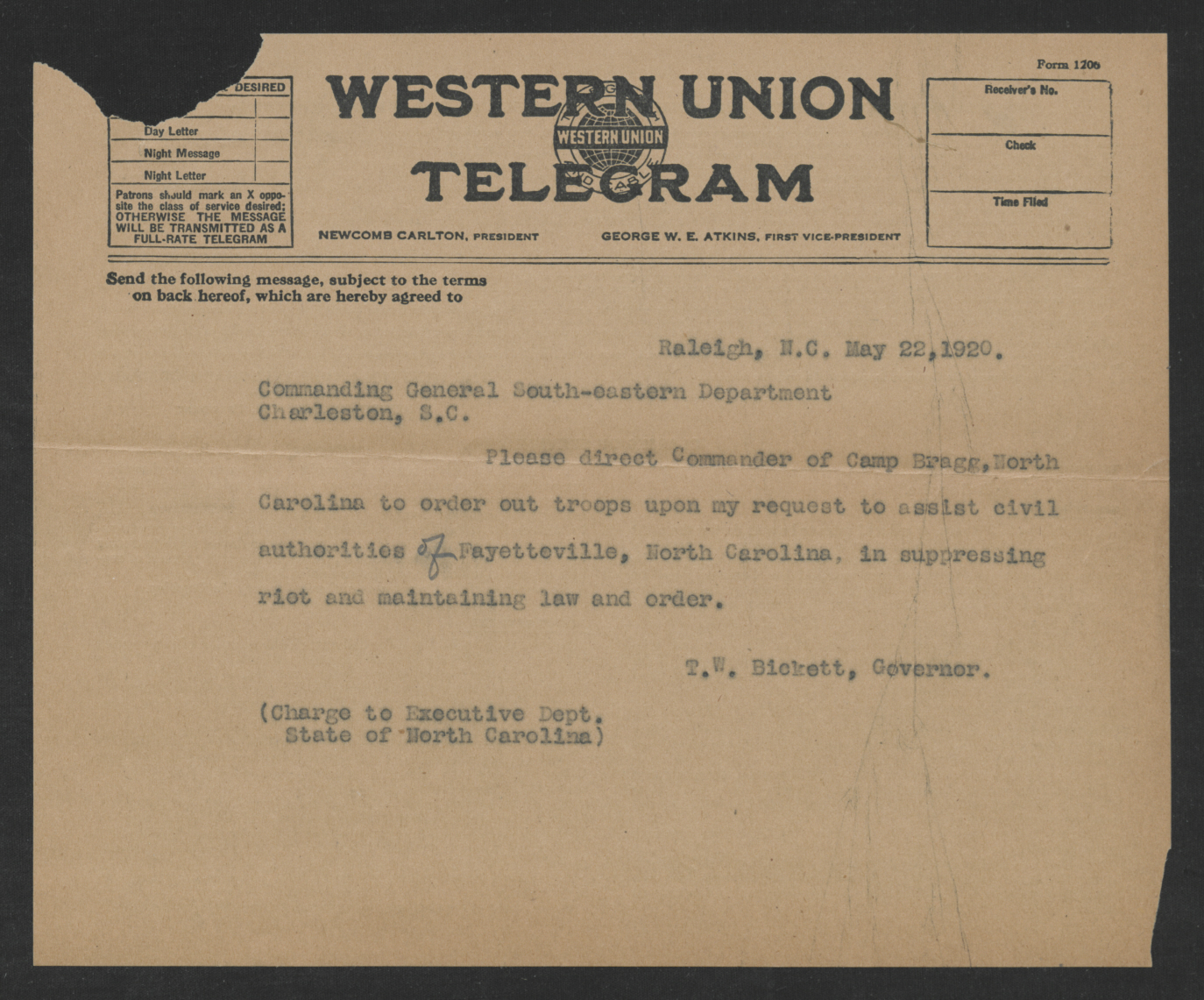 Telegram from Thomas W. Bickett to John F. Morrison, May 22, 1920