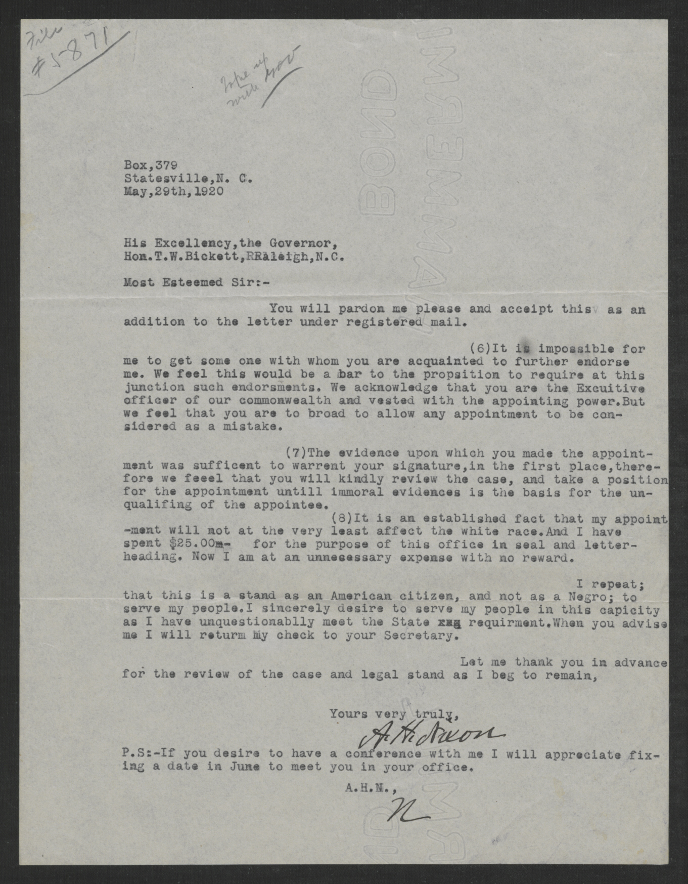 Letter from A. H. Nixon to Thomas W. Bickett, May 29, 1920