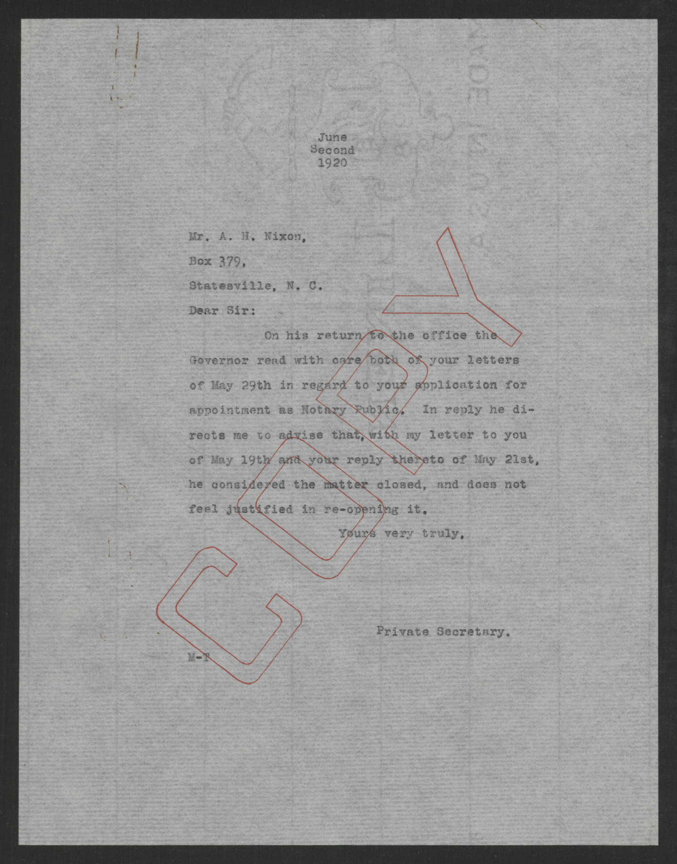 Letter from Santford Martin to A. H. Nixon, June 2, 1920