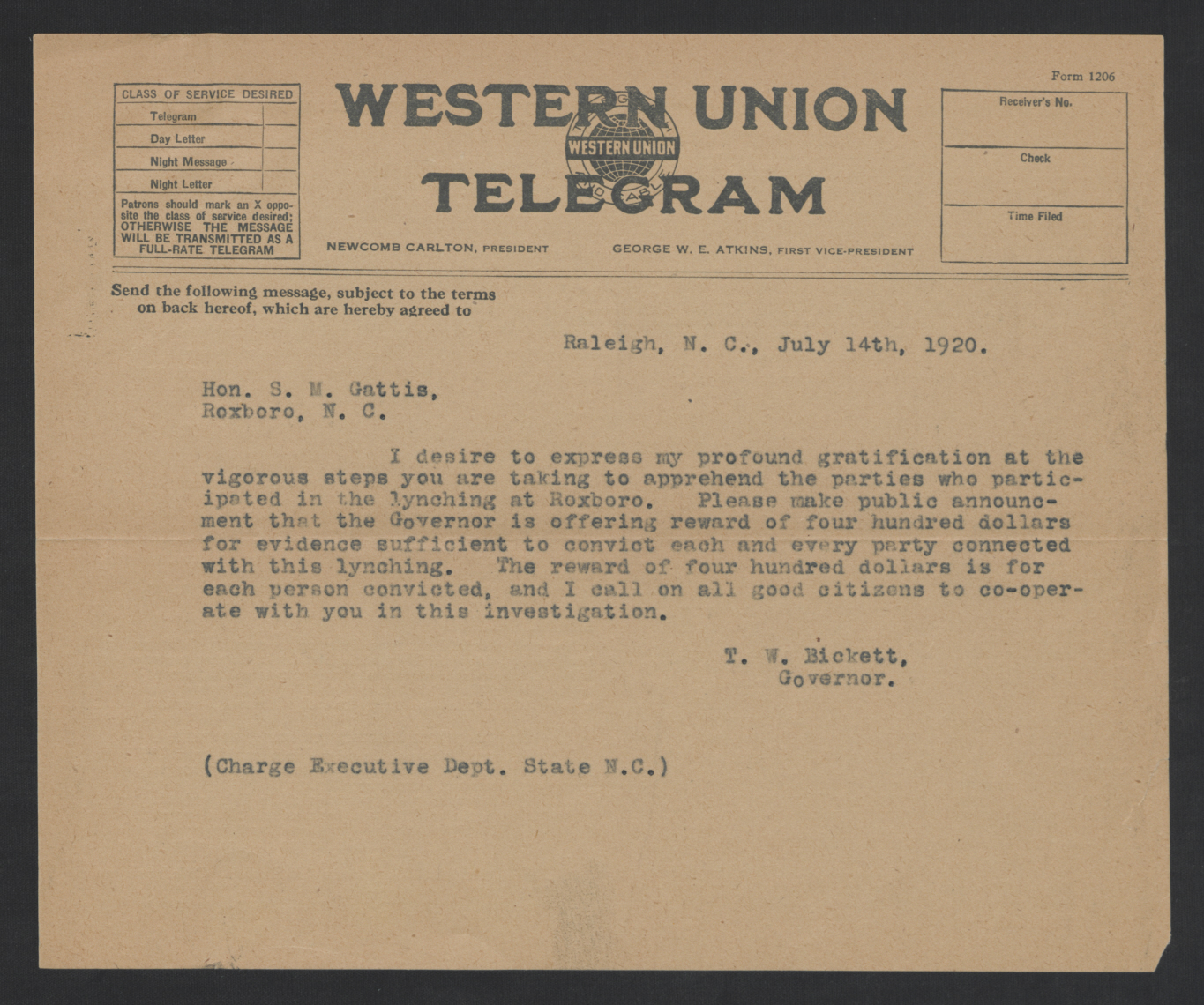 Telegram from Thomas W. Bickett to Samuel M. Gattis, July 14, 1920