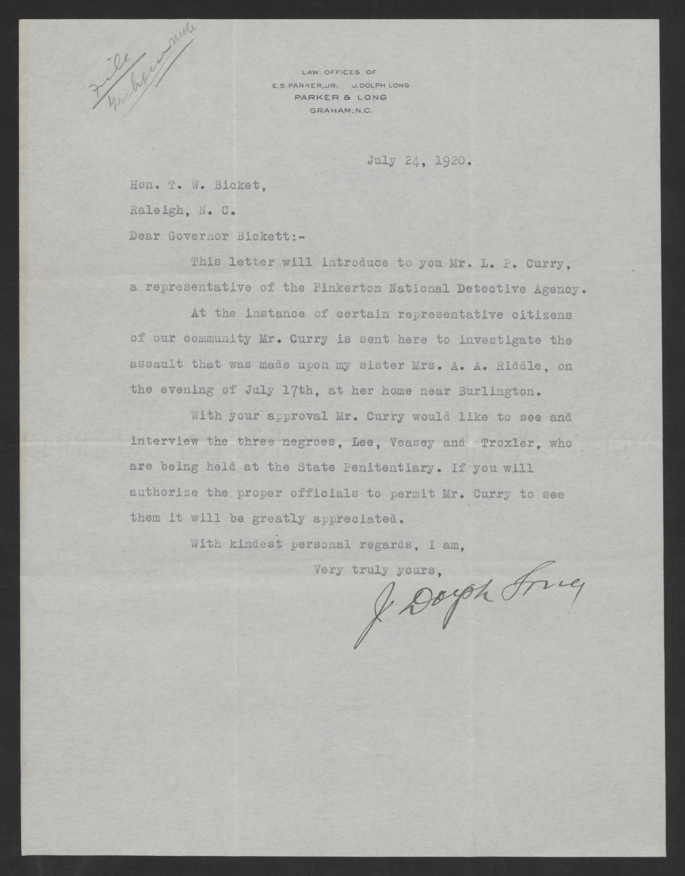Letter from James A. Long to Thomas W. Bickett, July 24, 1920