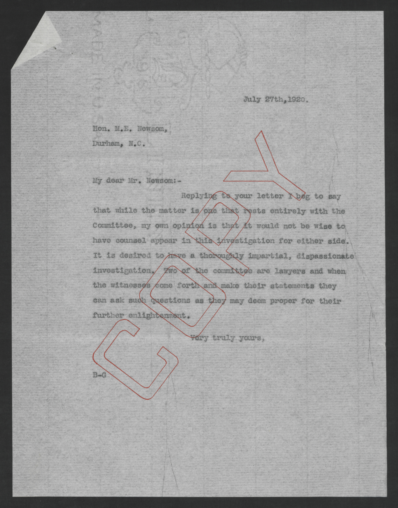 Letter from Thomas W. Bickett to Marion E. Newsom, July 27, 1920