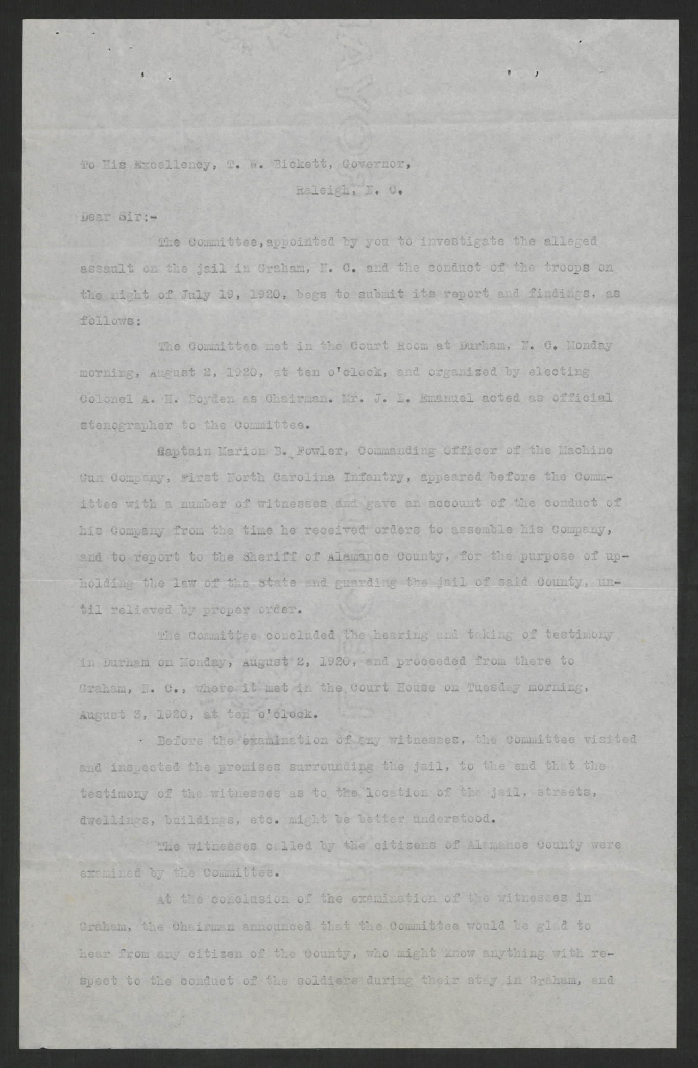 Report of the Investigative Committee on its Findings of the Attempted Lynching at Graham, August 16, 1920, page 1