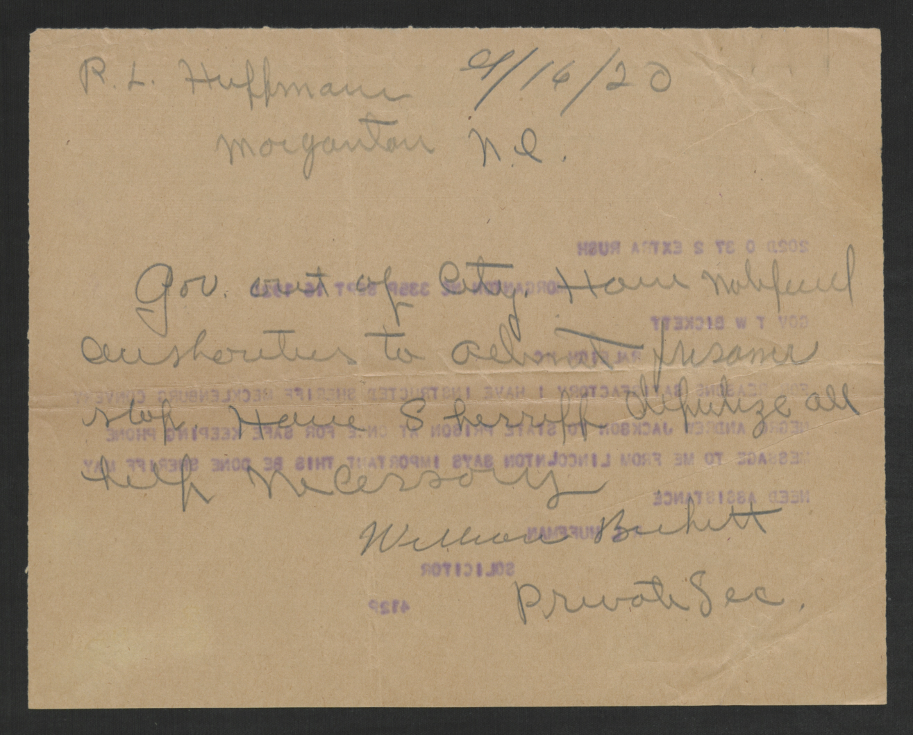 Telegram from William Y. Bickett to Robert L. Huffman, September 16, 1920