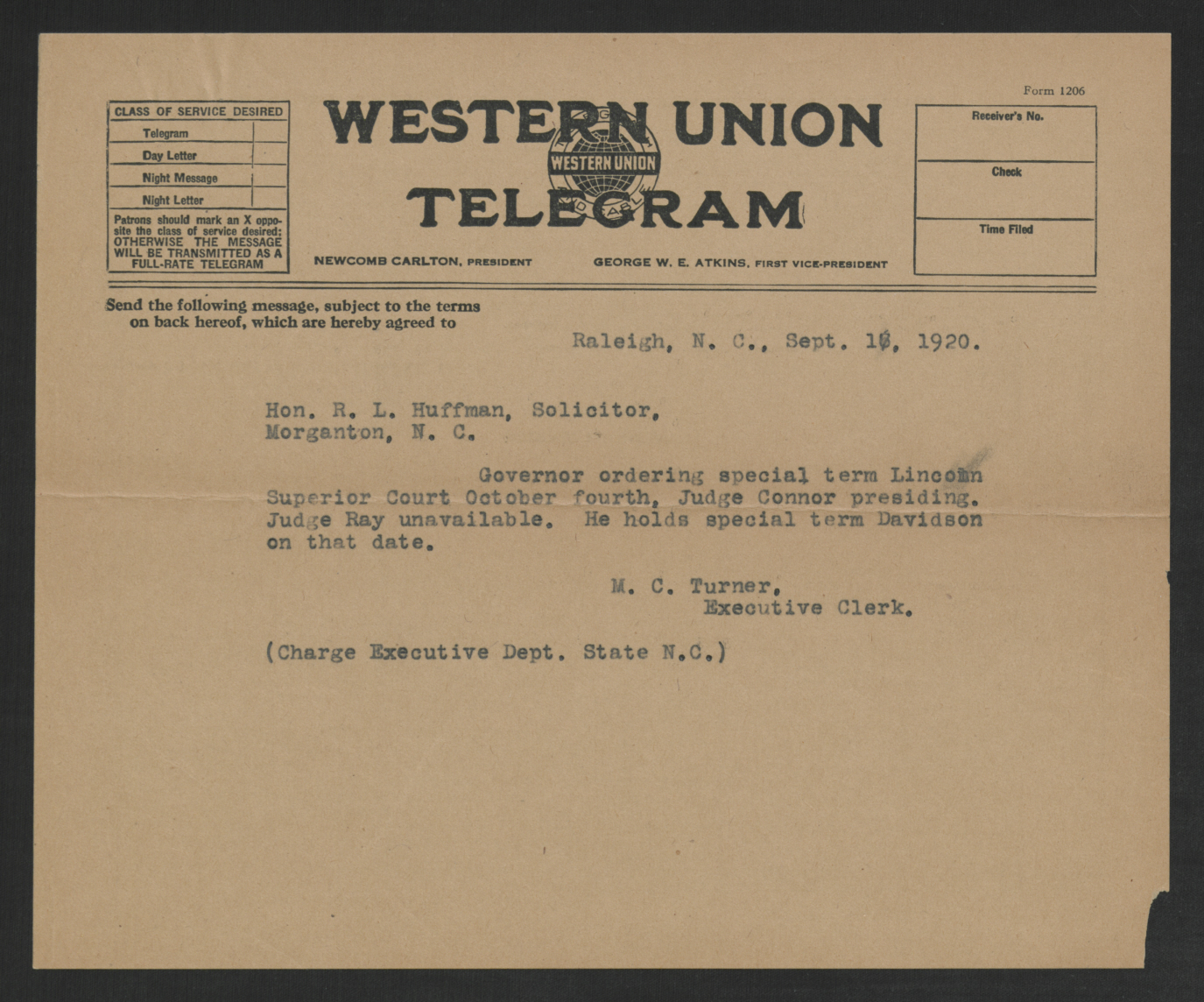 Telegram from Mamie C. Turner to Robert L. Huffman, September 17, 1920