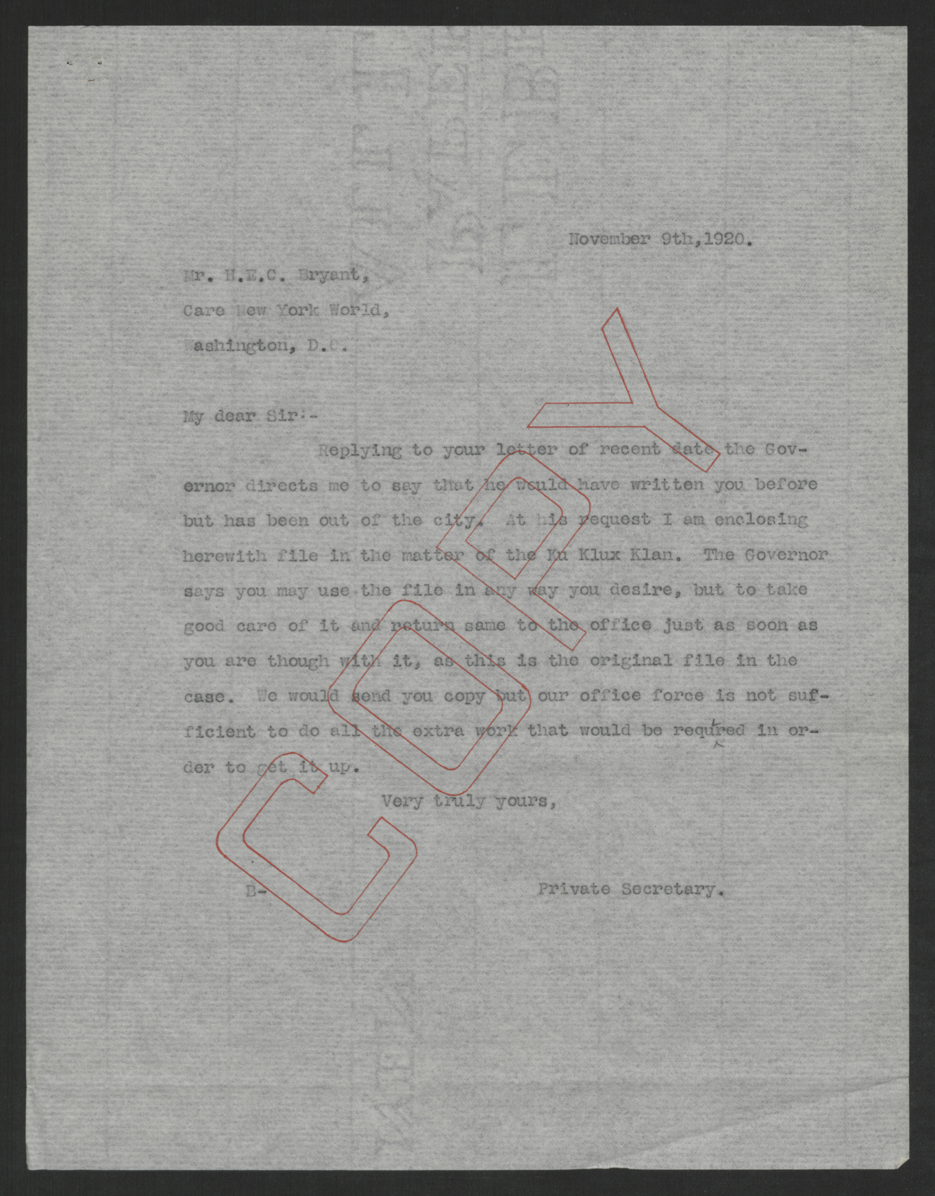 Letter from William Y. Bickett to Henry E. C. Bryant, November 9, 1920