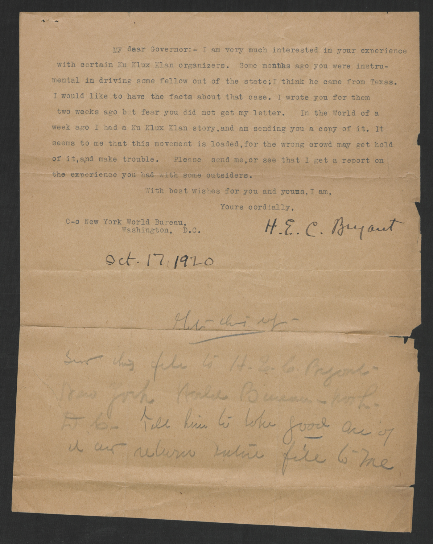 Letter from Henry E. C. Bryant to Thomas W. Bickett, October 17, 1920