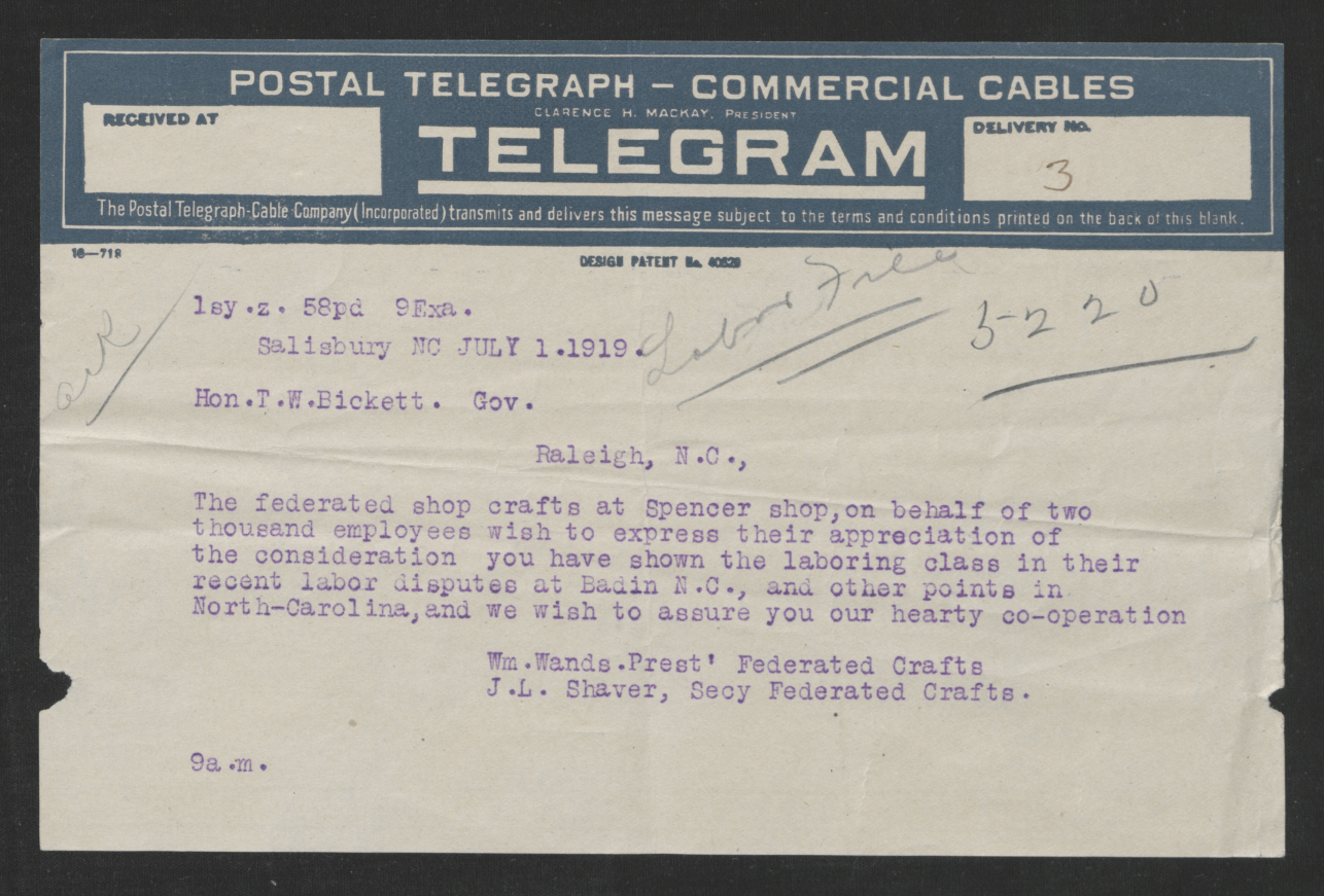 Telegram from William Wands and John L. Shaver to Thomas W. Bickett, July 1, 1919