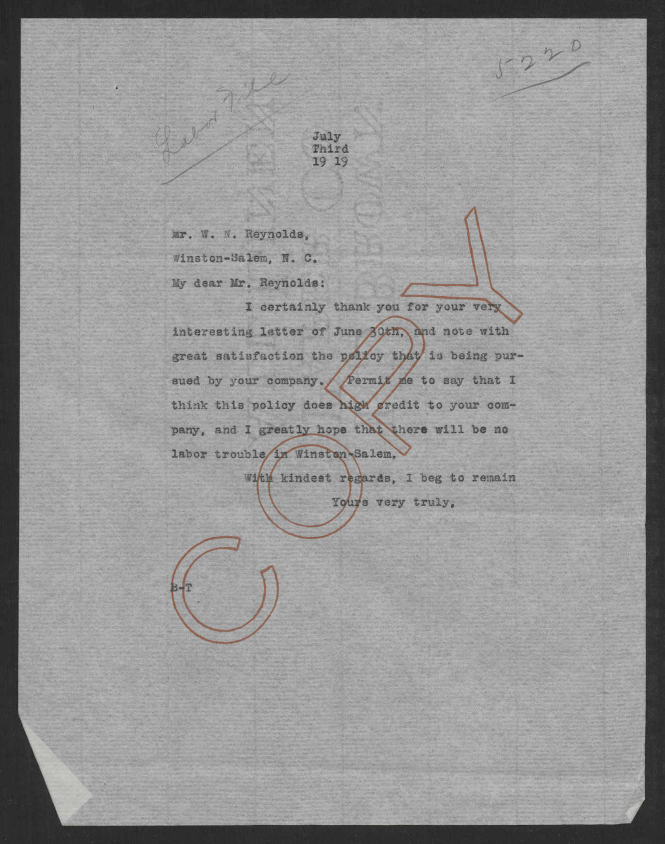 Letter from Thomas W. Bickett to William N. Reynolds, July 3, 1919