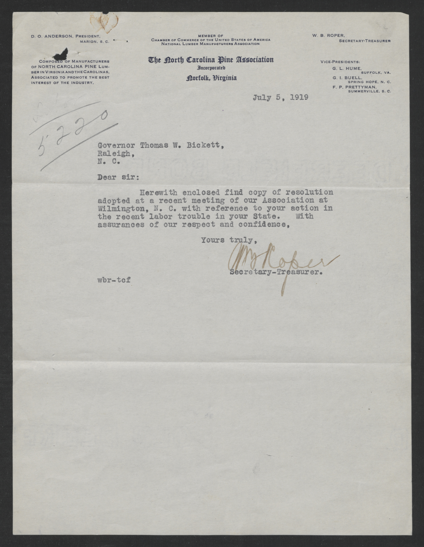 Letter from William B. Roper to Thomas W. Bickett, July 5, 1919