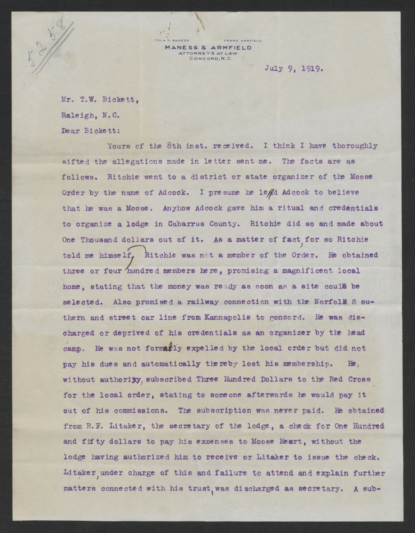 Letter from Frank Armfield, Sr., to Thomas W. Bickett, July 9, 1919, page 1