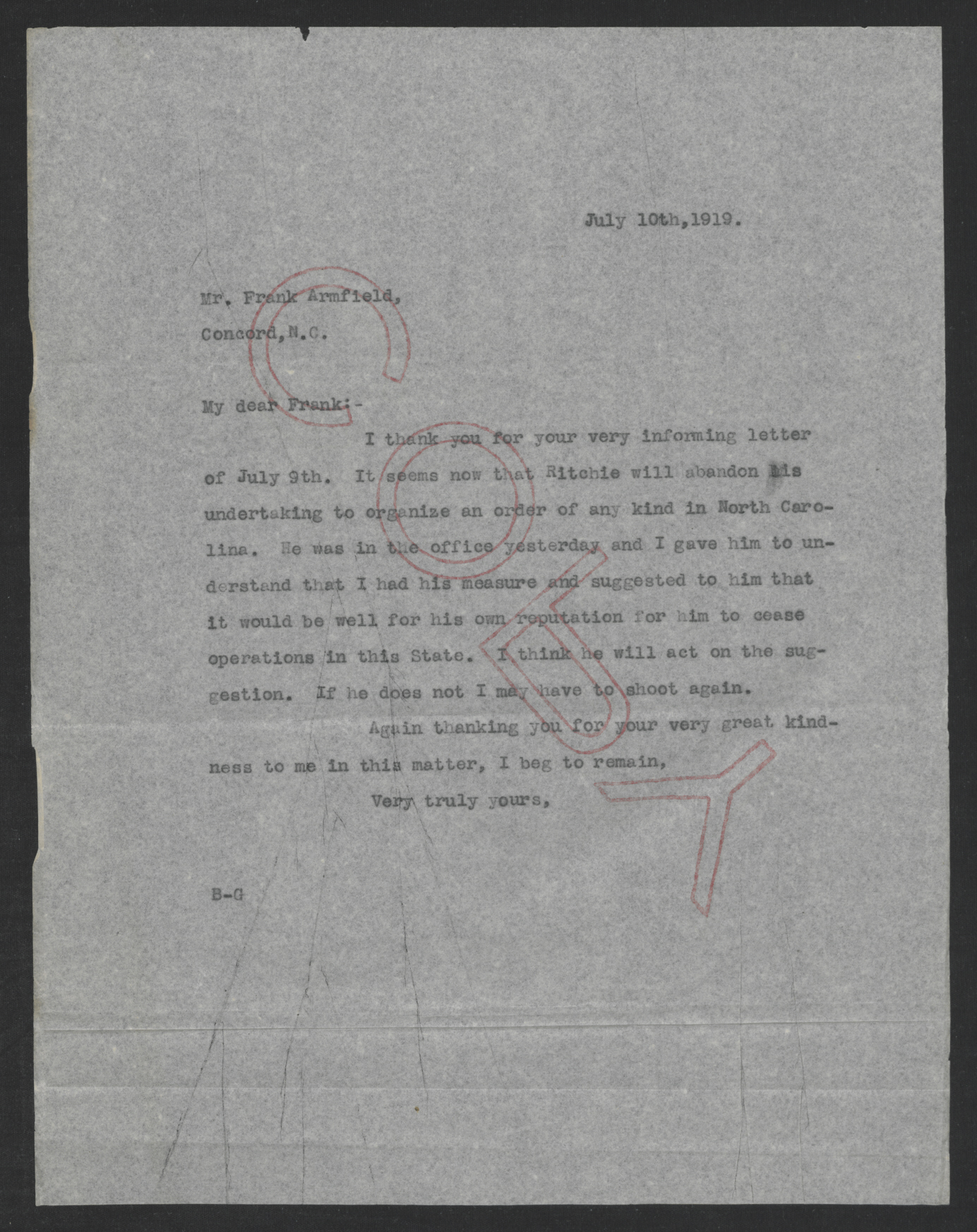 Letter from Thomas W. Bickett to Frank Armfield, Sr., July 10, 1919
