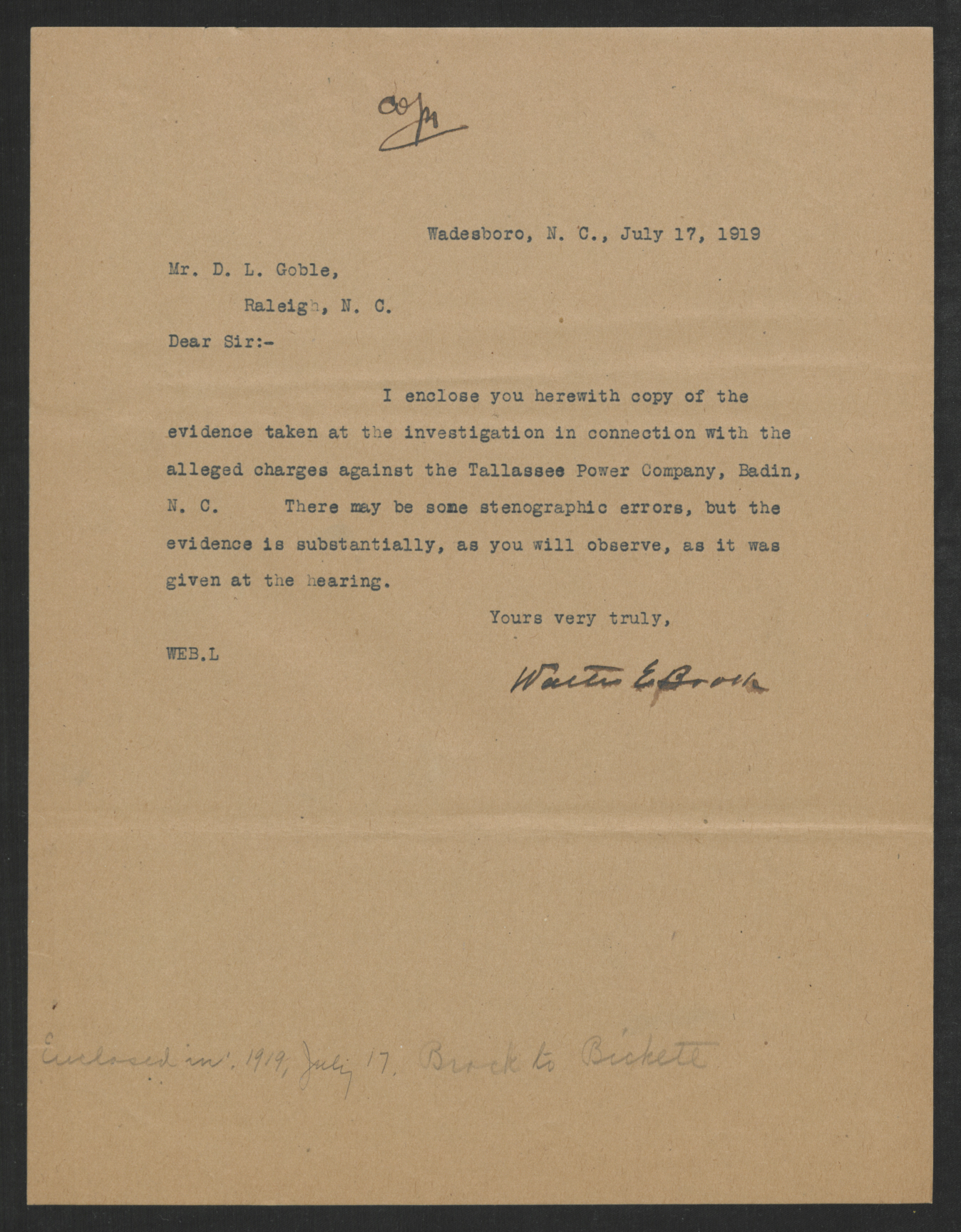 Letter from Walter E. Brock to David L. Goble, July 17, 1919