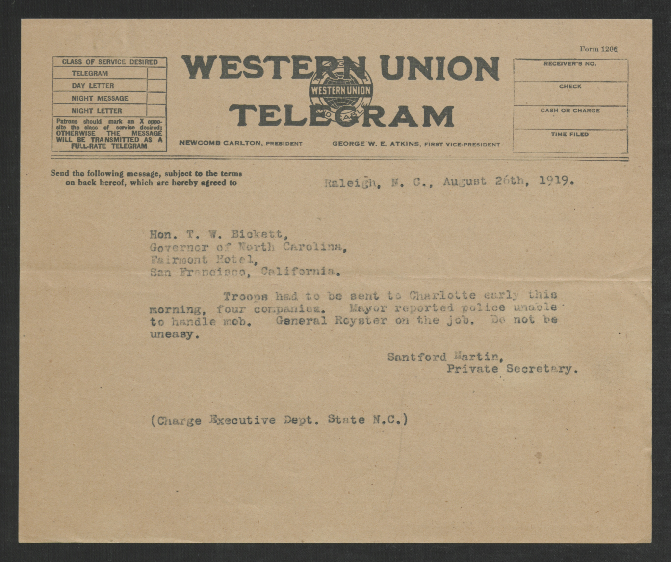 Telegram from Santford Martin to Thomas W. Bickett, August 26, 1919
