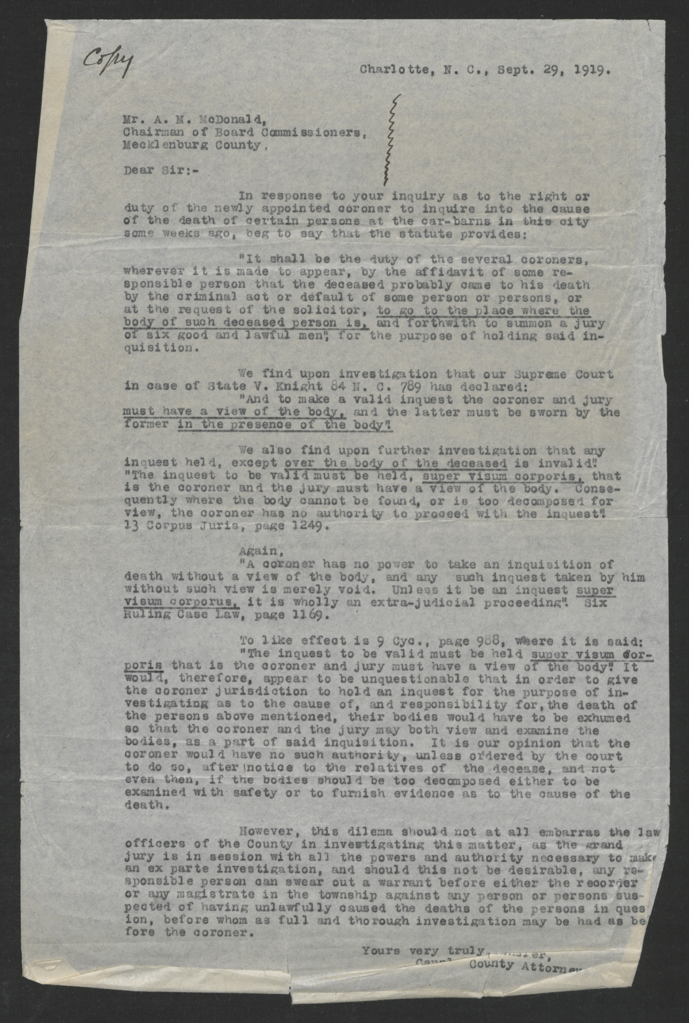Letter from Unknown Author to Angus M. McDonald, September 29, 1919