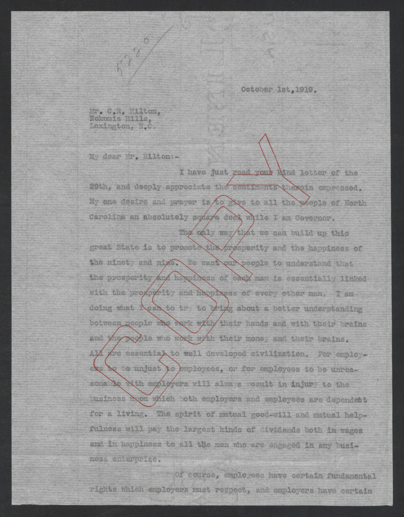 Letter from Thomas W. Bickett to Charles R. Hilton, October 1, 1919, page 1