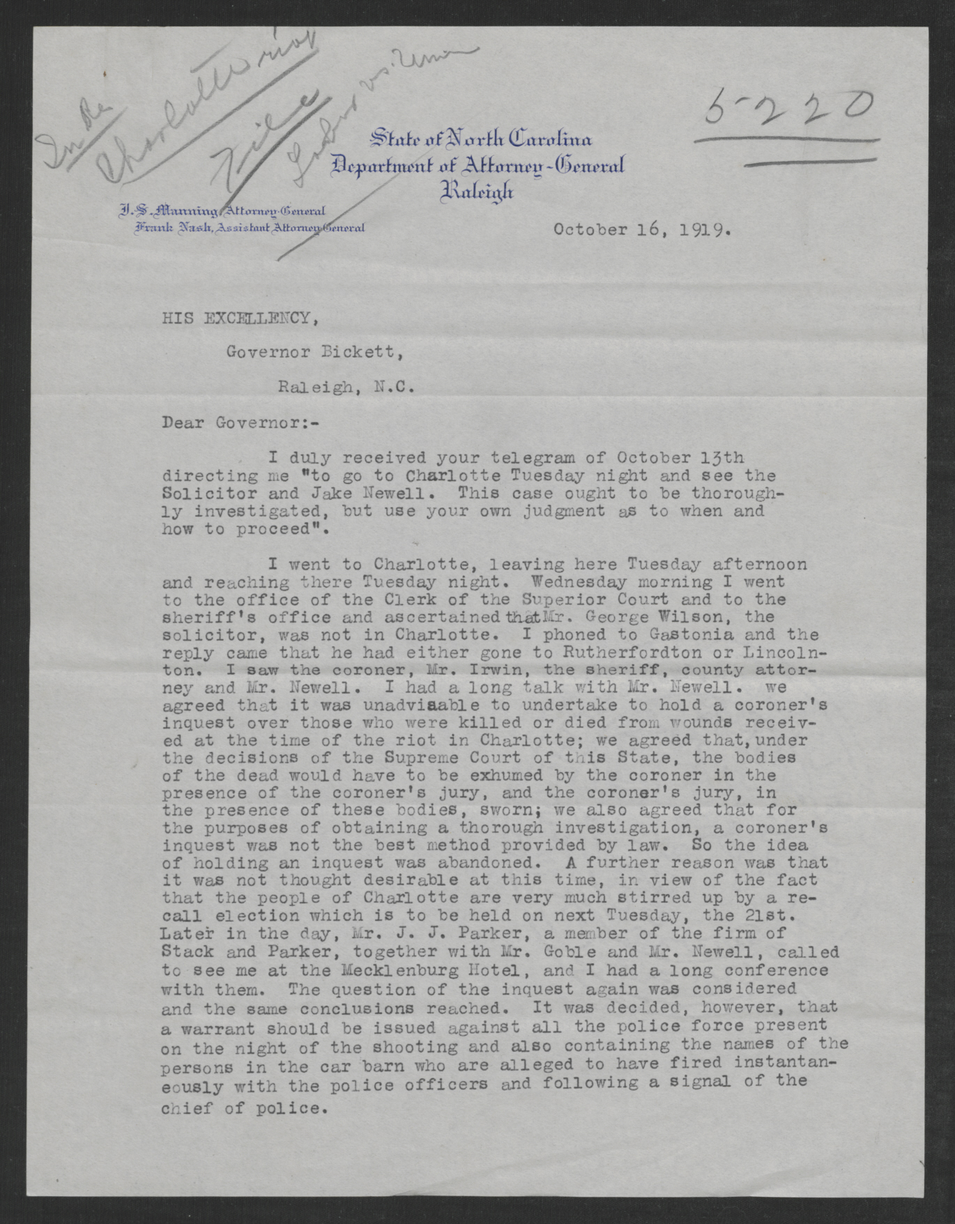 Letter from James S. Manning to Thomas W. Bickett, October 16, 1919, page 1