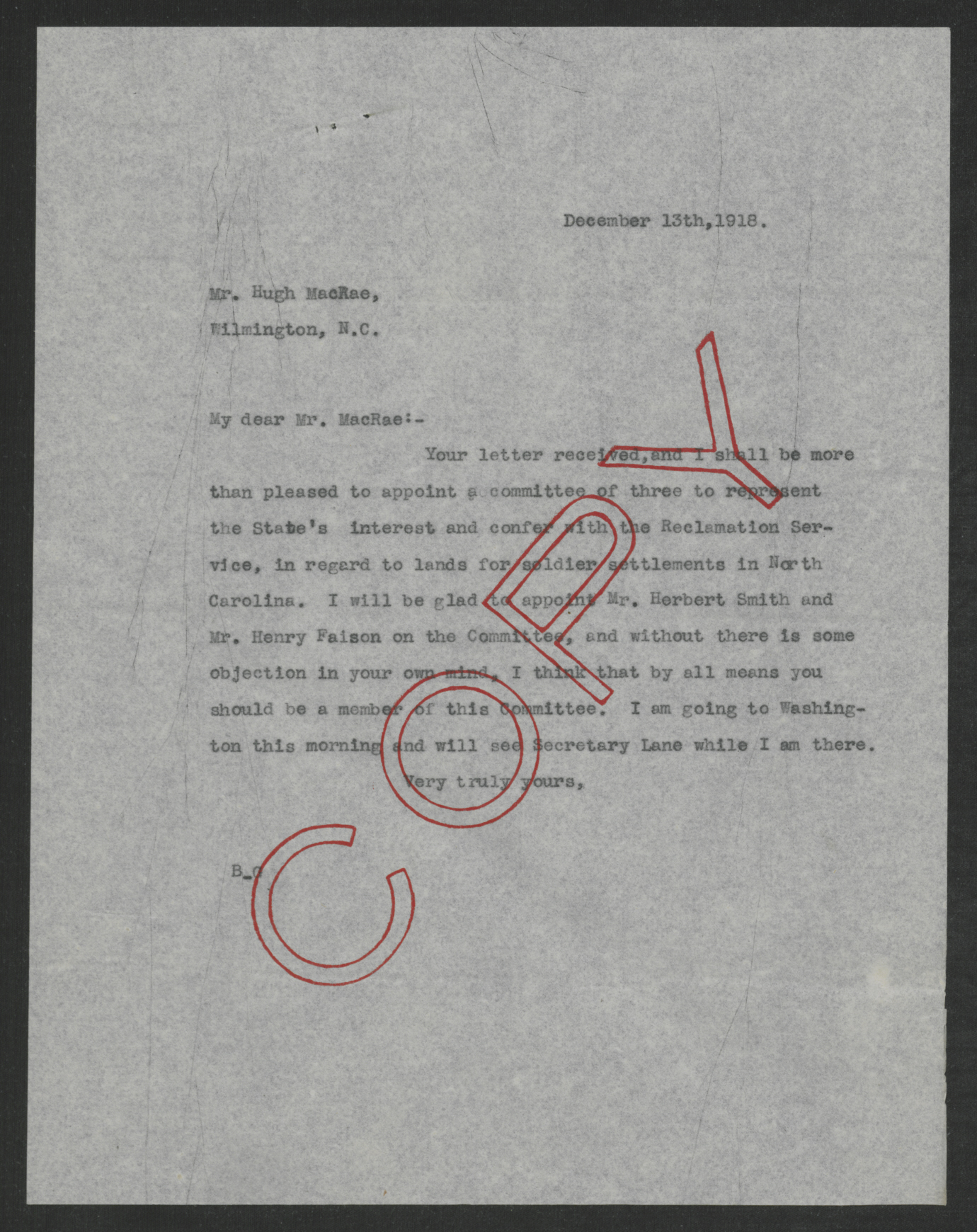 Letter from Thomas W. Bickett to Hugh MacRae, December 13, 1918
