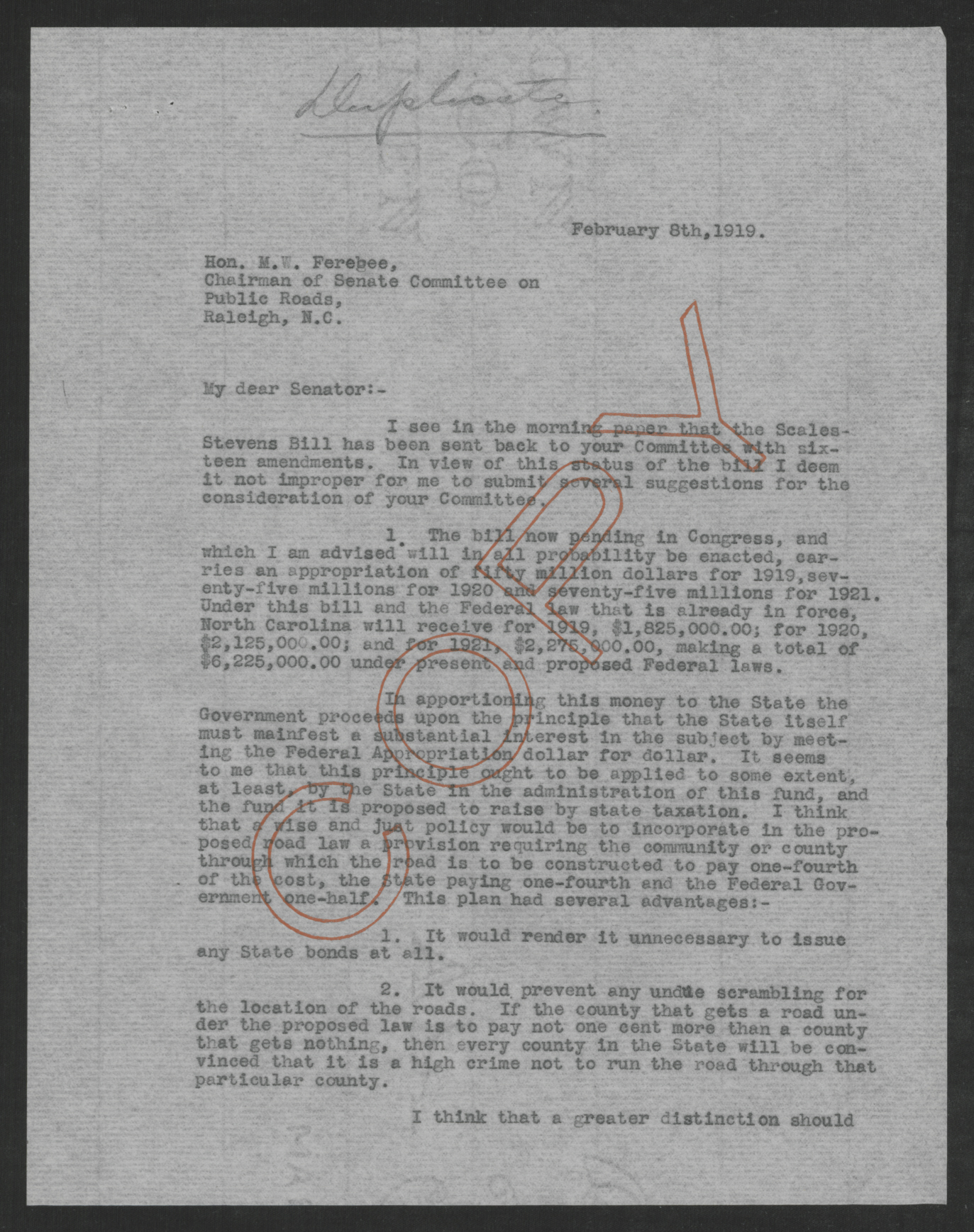 Letter from Thomas W. Bickett to Miles W. Ferebee, February 8, 1919, page 1