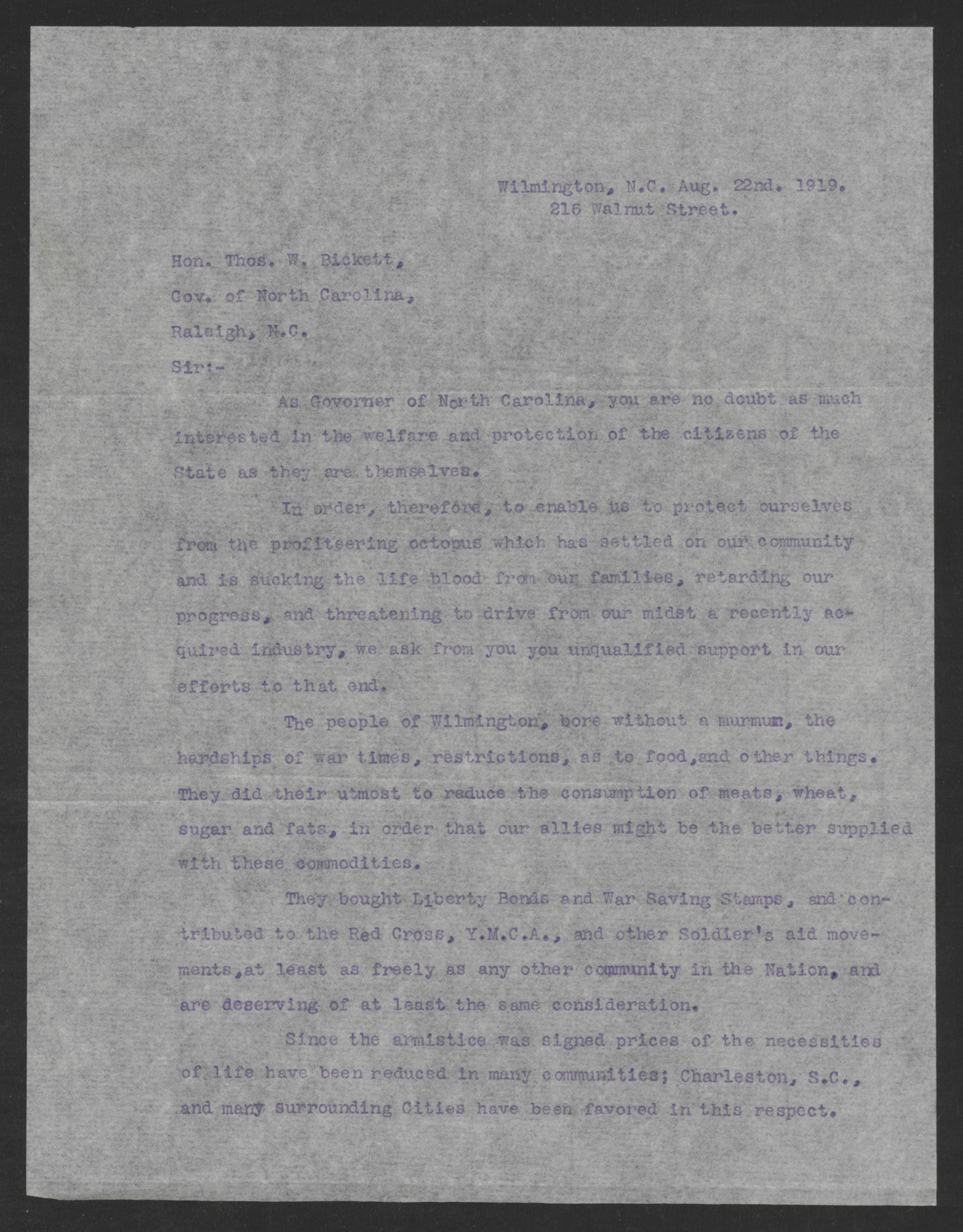 Letter from Citizens of Wilmington to Thomas W. Bickett, August 22, 1919, page 1