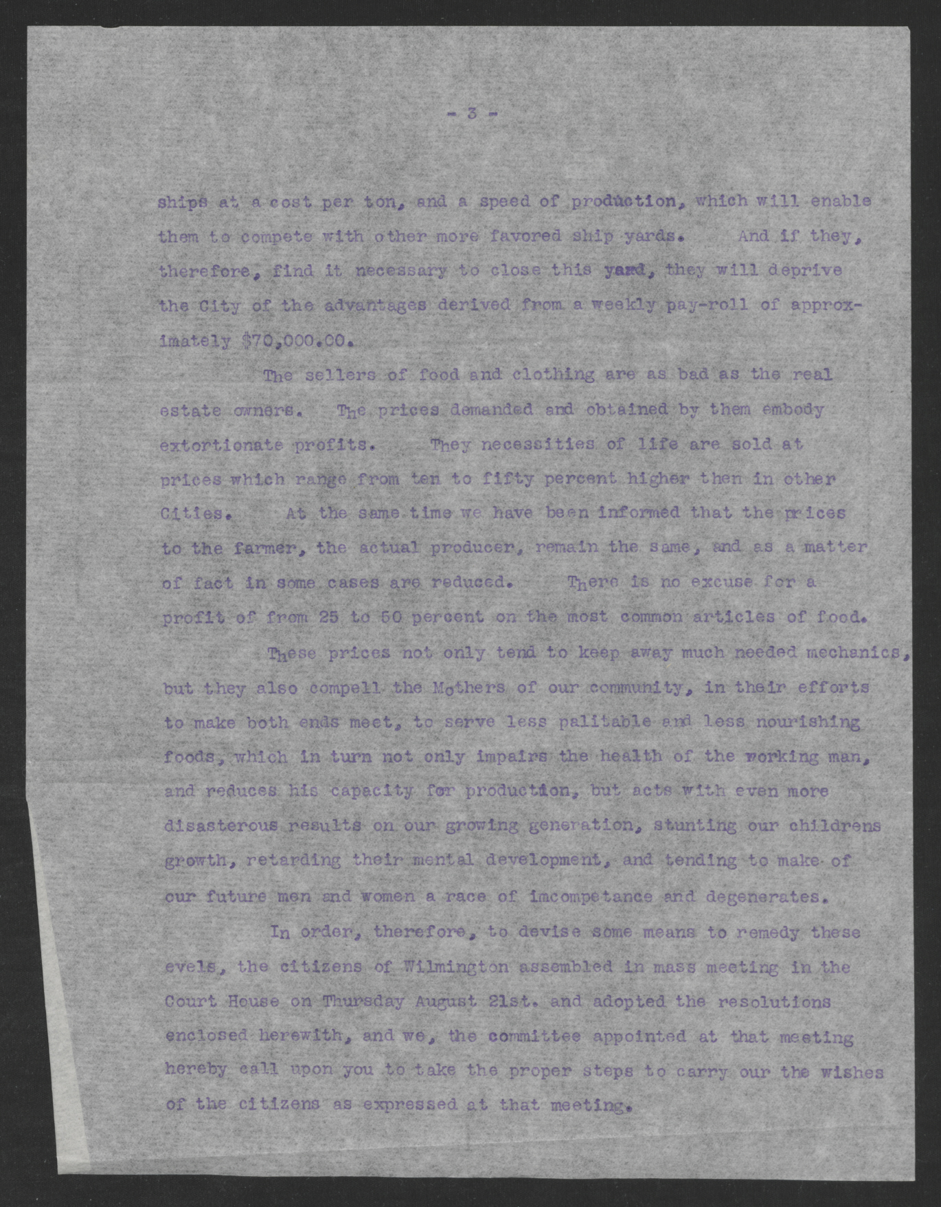 Letter from Citizens of Wilmington to Thomas W. Bickett, August 22, 1919, page 3