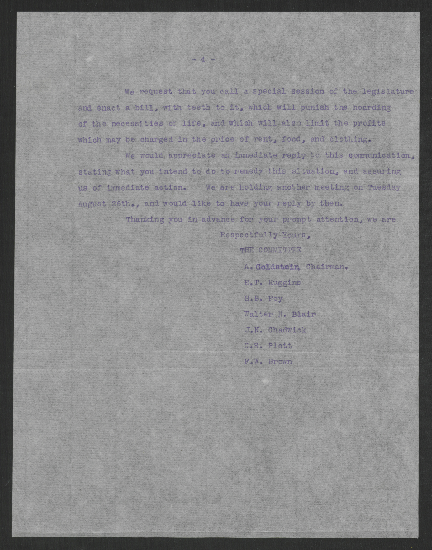 Letter from Citizens of Wilmington to Thomas W. Bickett, August 22, 1919, page 4