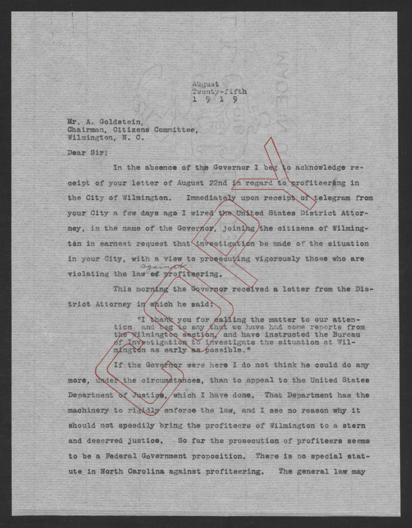 Letter from Santford Martin to Abraham Goldstein, August 25, 1919, page 1