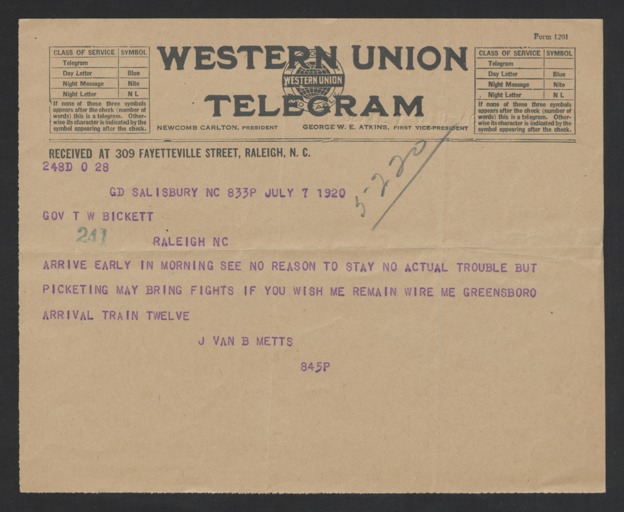 Telegram from John V. B. Metts to Thomas W. Bickett, July 7, 1920