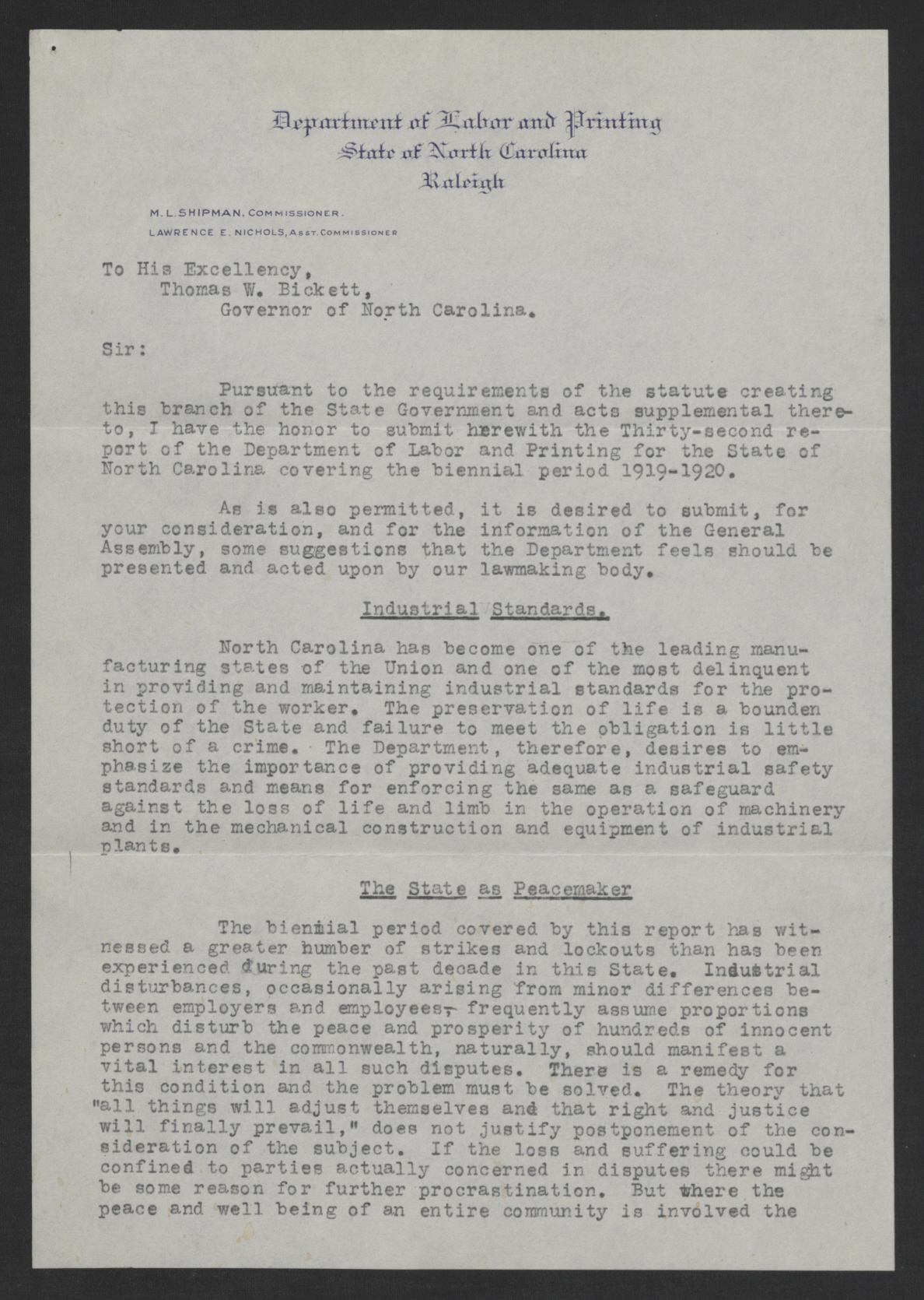 Letter from Mitchell L. Shipman to Thomas W. Bickett, December 15, 1920, page 1