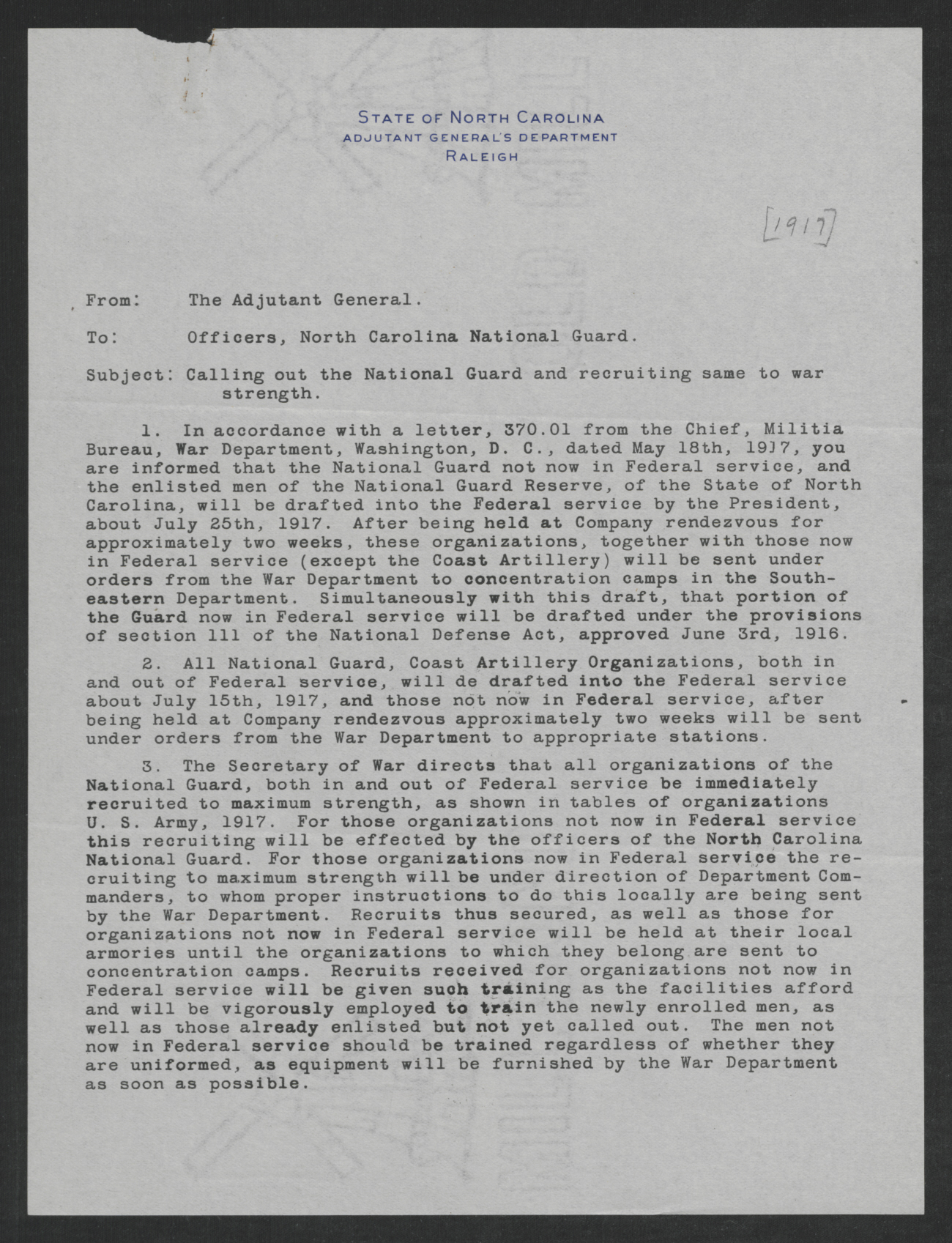 Letter from Beverly S. Royster to the Officers of the North Carolina National Guard, 1917, page 1