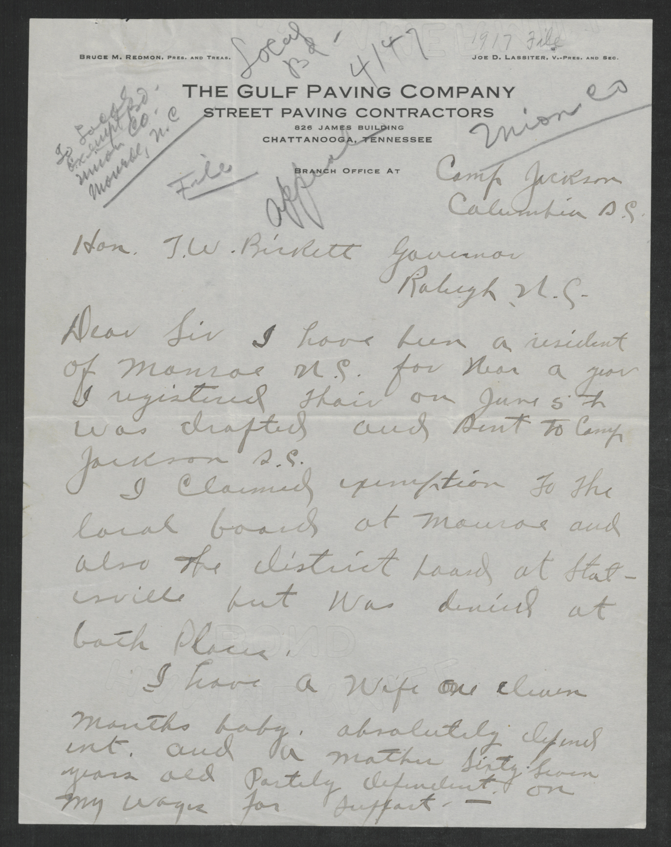 Letter from Winnin R. Dyson to Thomas W. Bickett, 1917, page 1