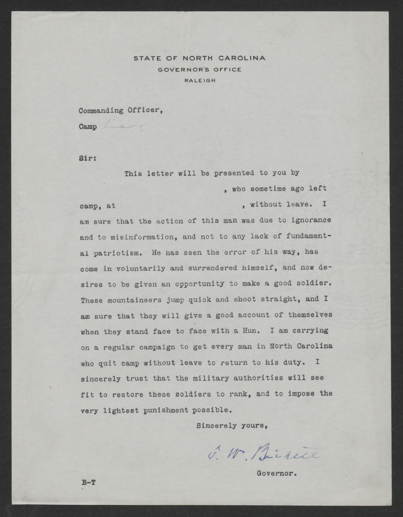 Form letter from Thomas W. Bickett to the Commanding Officers of Deserters, Circa 1918