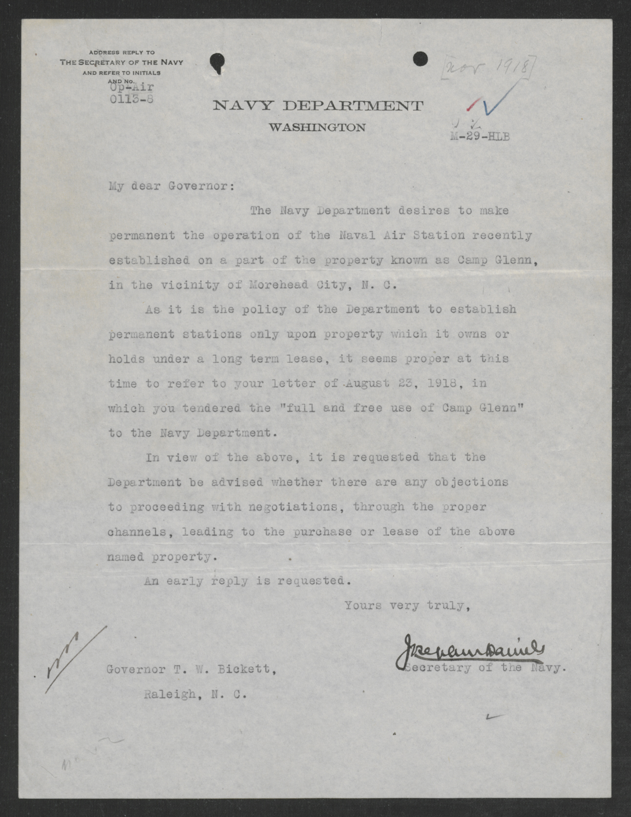 Letter from Josephus Daniels to Thomas W. Bickett, November 1918