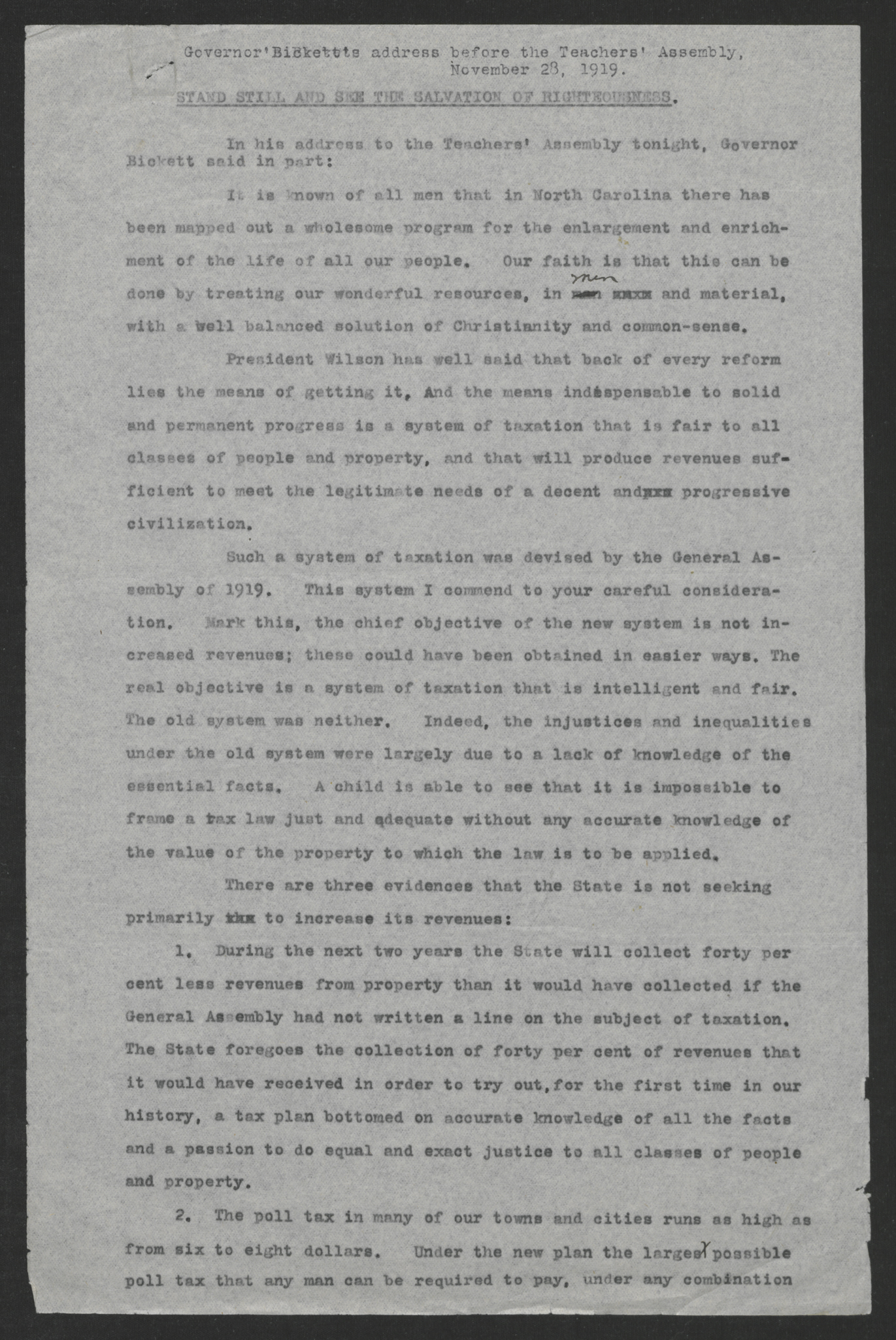 Address Before the Teachers' Assembly by Governor Thomas W. Bickett, November 28, 1919, page 1