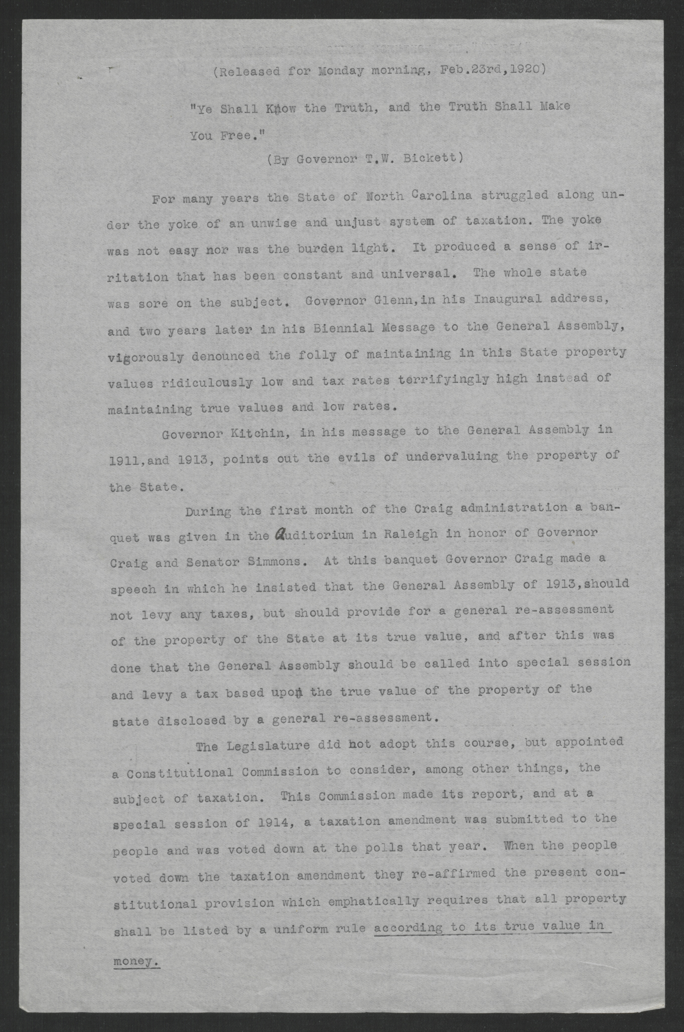 Press Statement by Thomas W. Bickett on the Revaluation Act, February 23, 1920, page 1