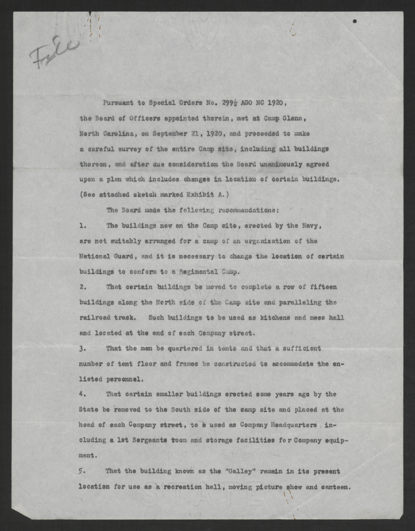Examination of Camp Glenn by Board of Officers, Circa September 1920, page 1