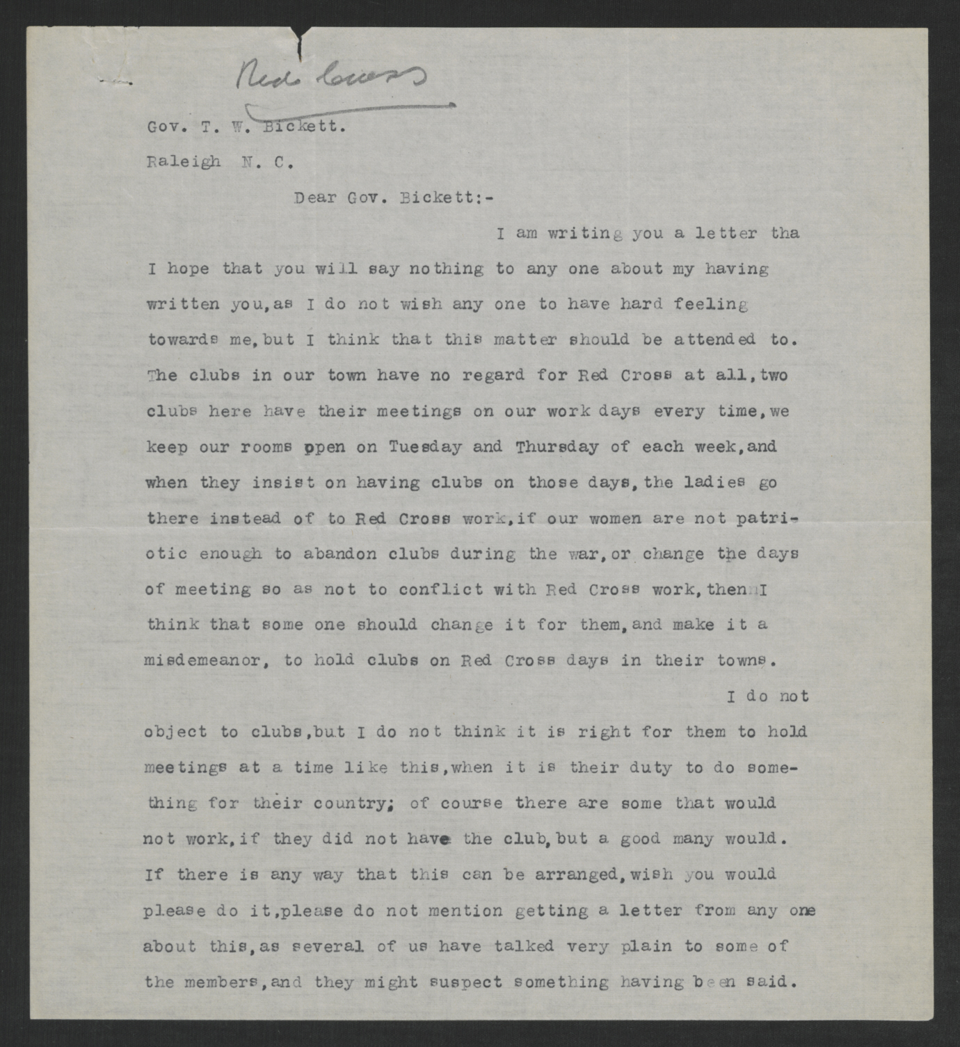 Letter from an Unknown Author to Thomas W. Bickett, Undated, page 1