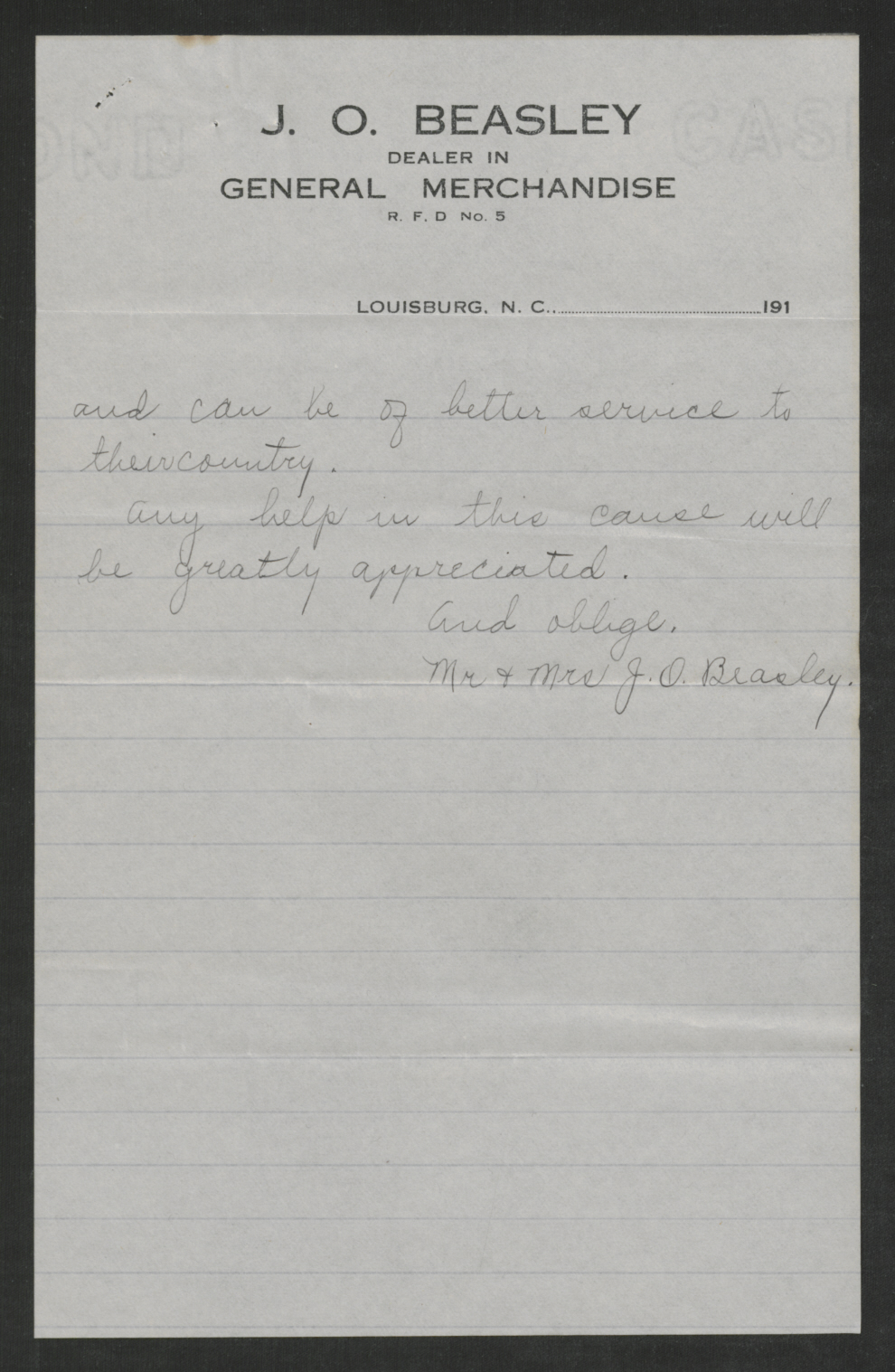 Letter from Joseph and Mary Beasley to Thomas W. Bickett, June 6, 1917, page 2