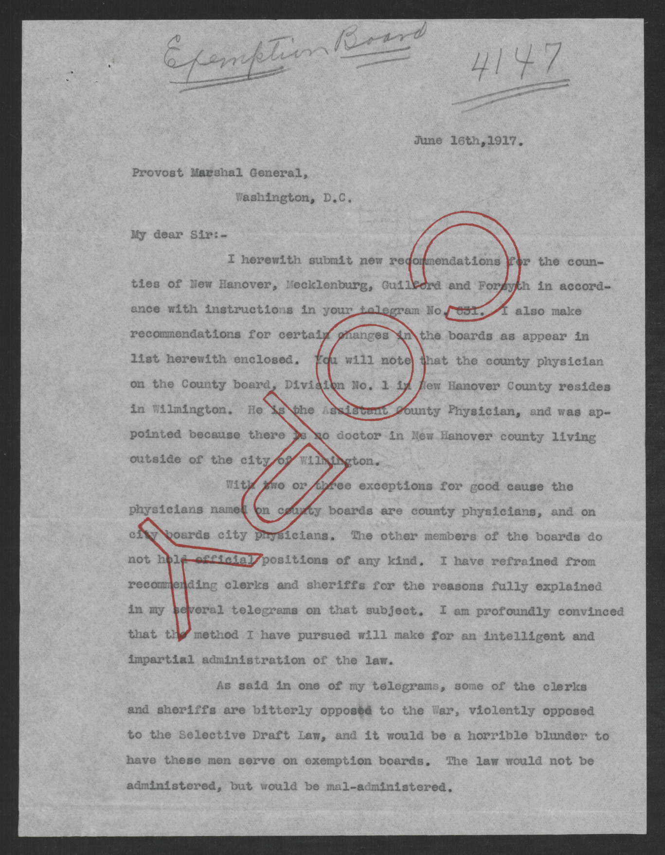 Letter from Thomas W. Bickett to Enoch H. Crowder, June 16, 1917, page 1
