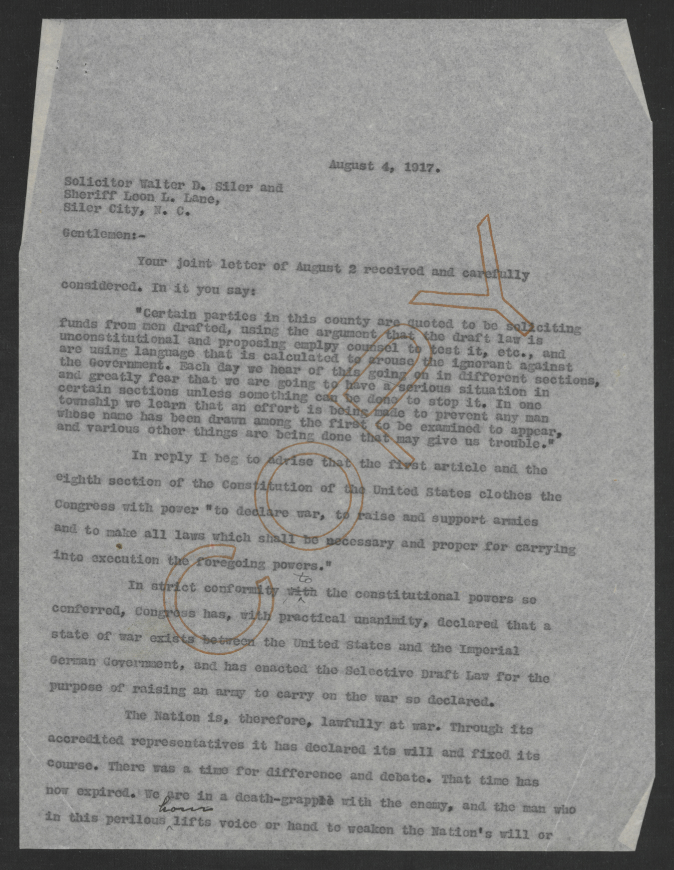 Letter from Thomas W. Bickett to Walter D. Siler and Leon T. Lane, August 4, 1917, page 1